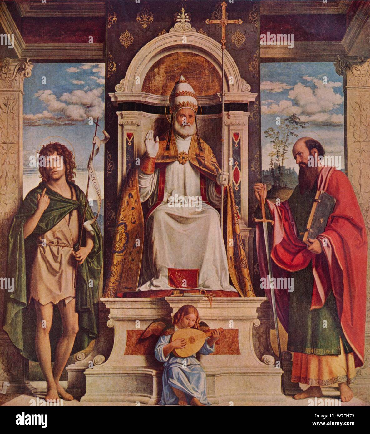 'Saint Peter thront mit Heiligen, Johannes dem Täufer und der hl. Paulus', c 1516. Schöpfer: Giovanni Battista Cima da Conegliano. Stockfoto
