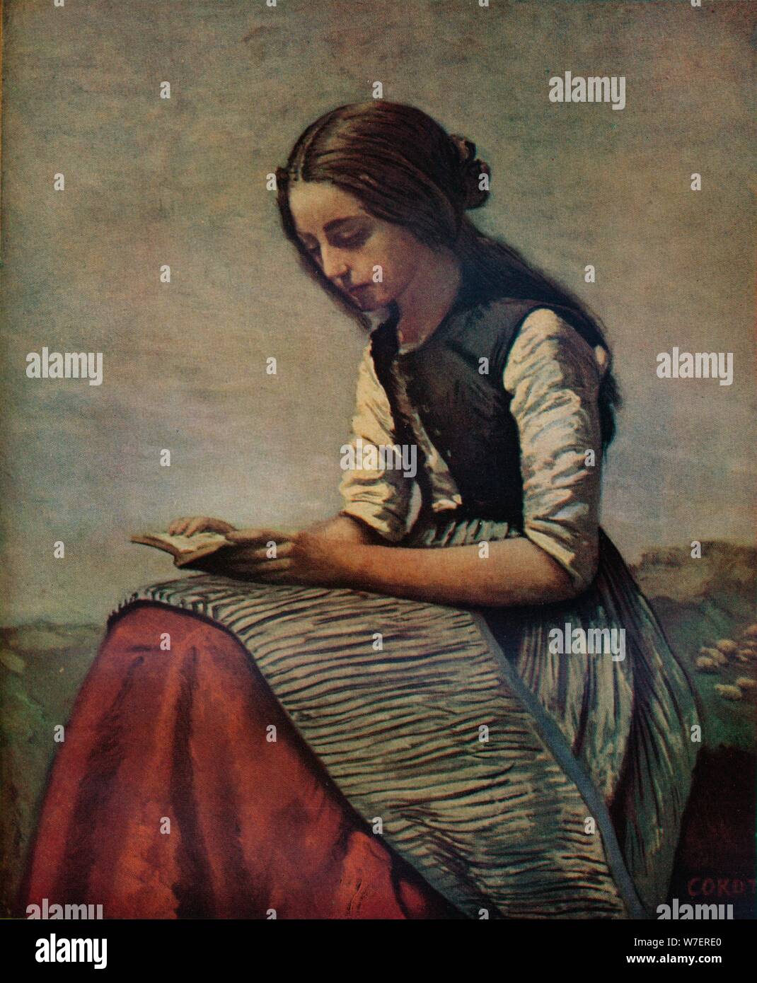 "La petite Liseuse Ou Jeune Bergère assise et Lisant', c1855. Künstler: Jean-Baptiste-Camille Corot. Stockfoto