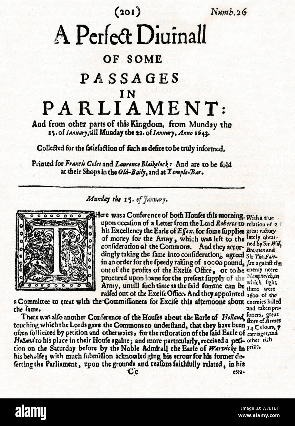 Titelseite von A Perfect Diurnall der einige Passagen im Parlament, 1643 (1905). Künstler: unbekannt. Stockfoto