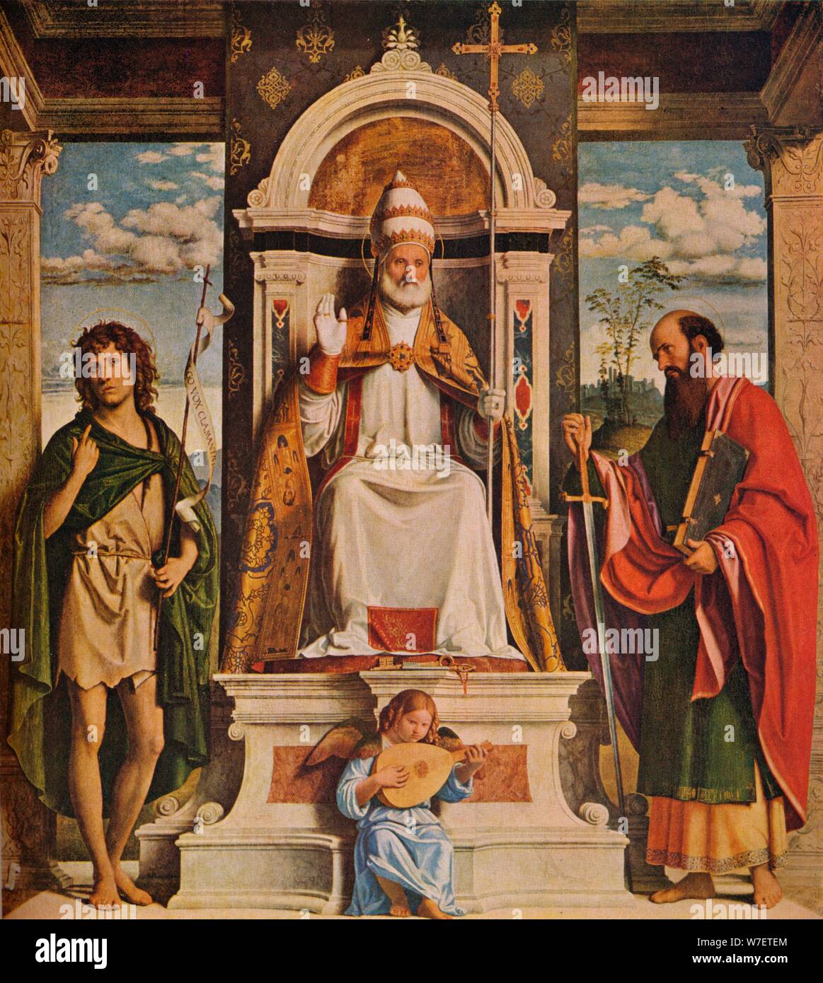 Saint Peter thront mit Heiligen, Johannes dem Täufer und der hl. Paulus', c 1516. Schöpfer: Giovanni Battista Cima da Conegliano. Stockfoto