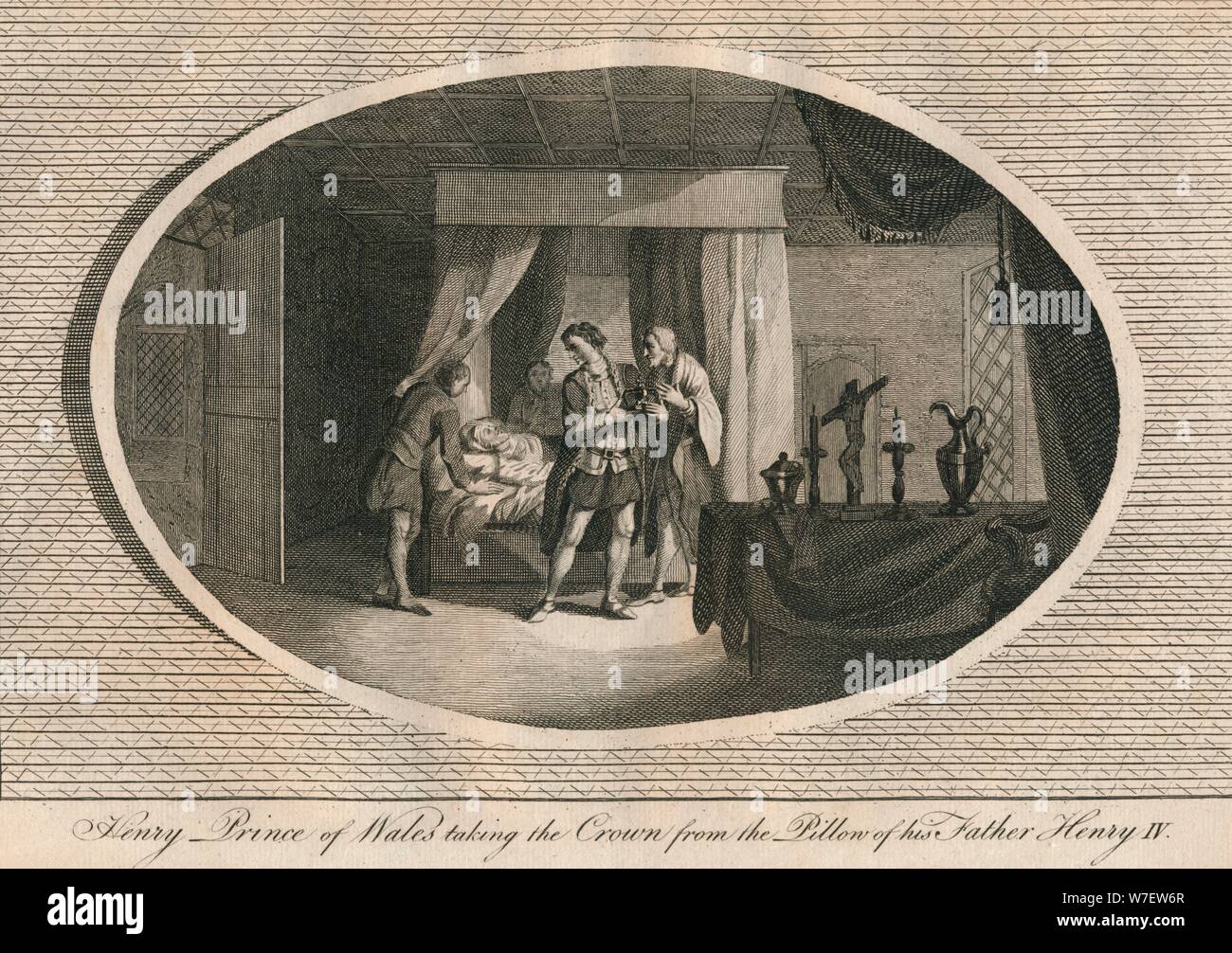 Henry, Prinz von Wales nehmen die Krone aus dem Kissen seines Vaters Heinrich IV., 1413 (1793). Künstler: unbekannt. Stockfoto