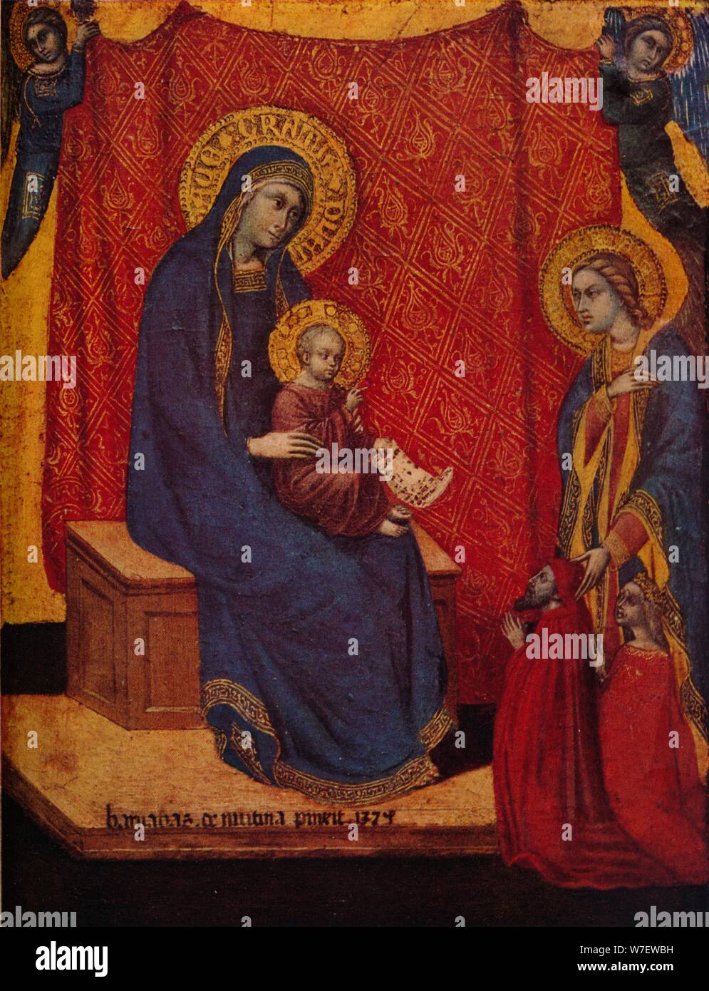 "Thronende Madonna und zwei Spender in der Anbetung", 1374. Künstler: Barnaba da Modena. Stockfoto