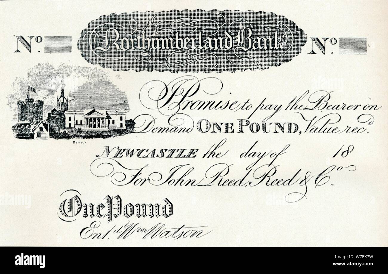 "Ein-Pfund-Note ausgeführt für die Northumberland-Bank", c1820. Künstler: unbekannt. Stockfoto