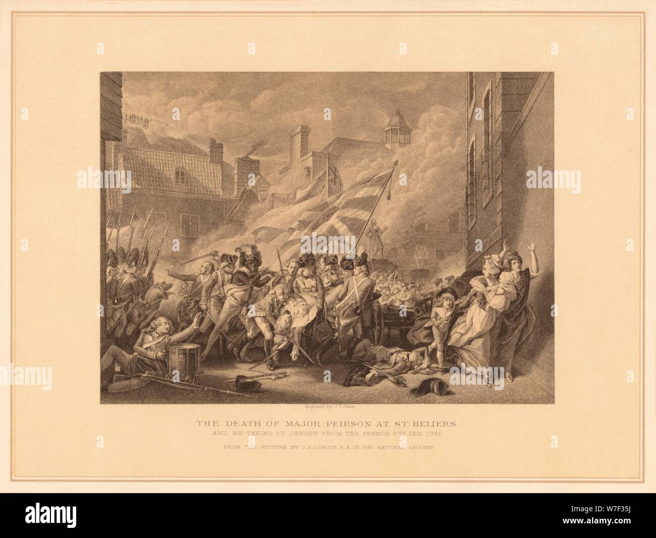 "Der Tod des großen Peirson in St. Helier, 1781 (1878). Künstler: JJ Crew. Stockfoto