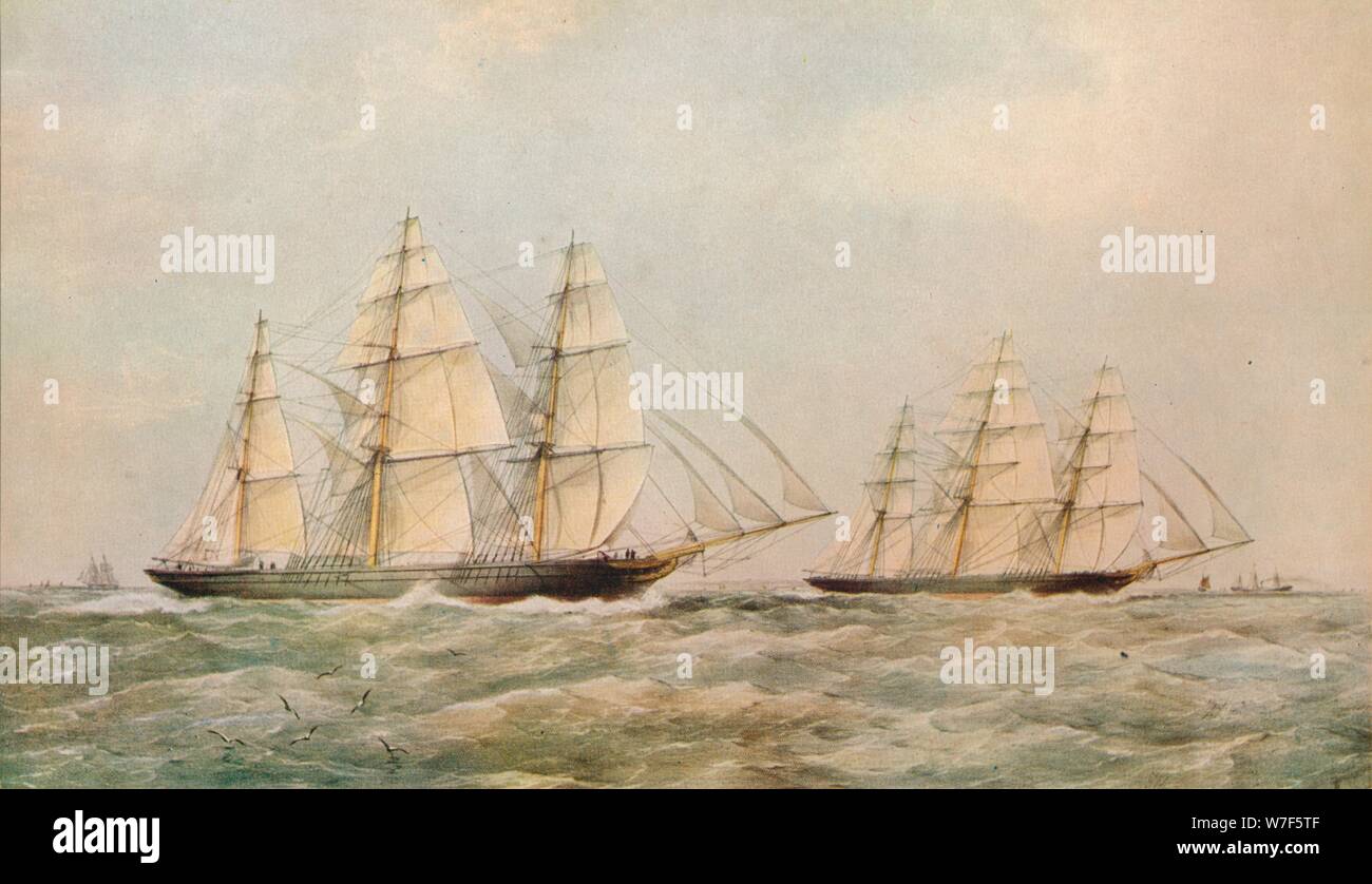 "Das große China-Rennen. Die Clipper Schiffe Taeping und Ariel, vorbei an den Lizard, Cornwall, 1866. Künstler: Thomas Goldsworth Dutton. Stockfoto