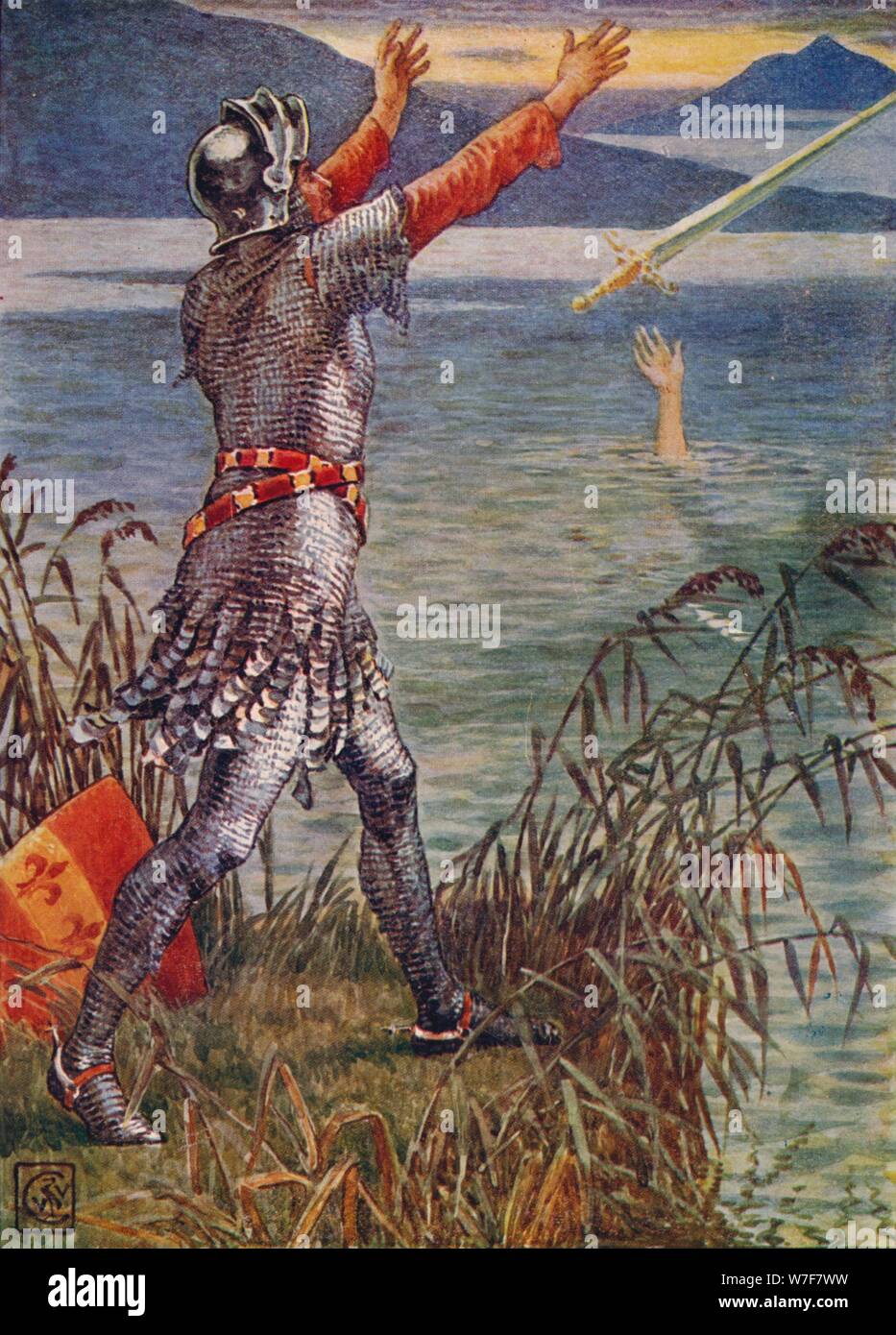 "Sir Bedivere wirft das Schwert Excalibur in den See", 1911.  Künstler: Walter Crane. Stockfoto