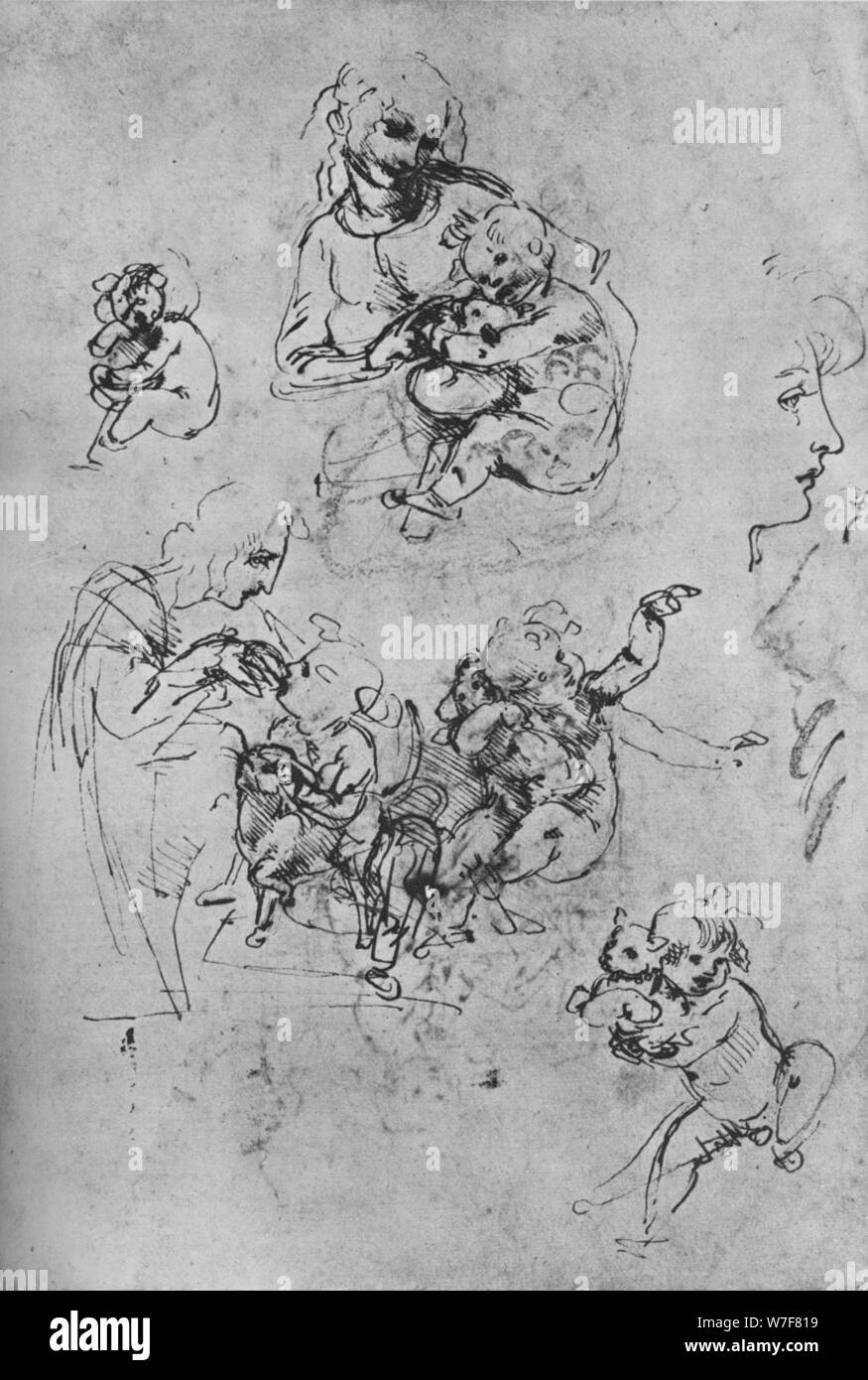 "Zwei Studien von der Madonna mit Kind und eine Katze und drei Studien des Kindes", 1475-1481 (1945). Künstler: Leonardo da Vinci. Stockfoto