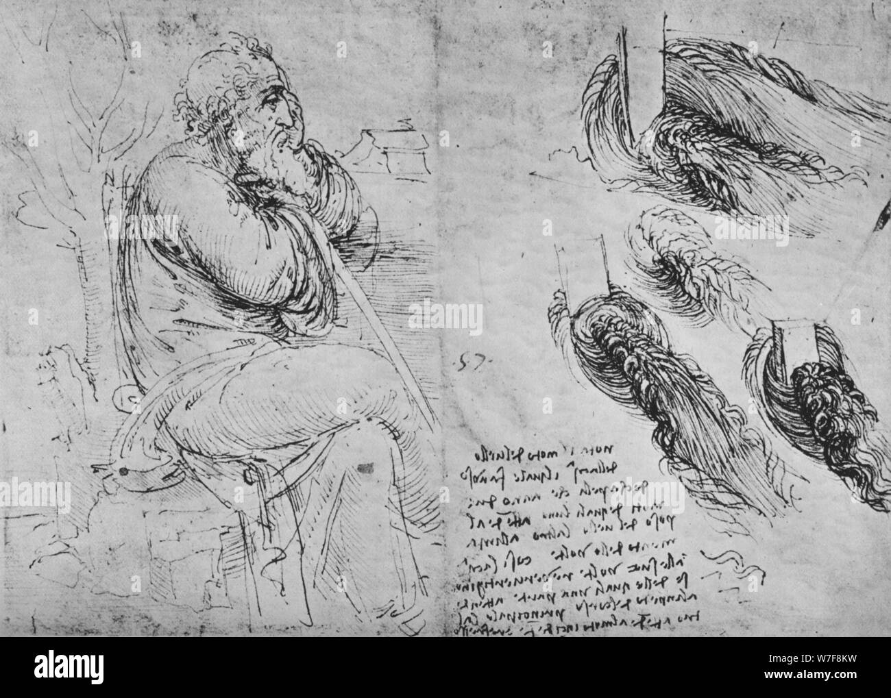 Studien von einem alten Mann sitzen und wirbelnden Wasser ", c1480 (1945). Künstler: Leonardo da Vinci. Stockfoto