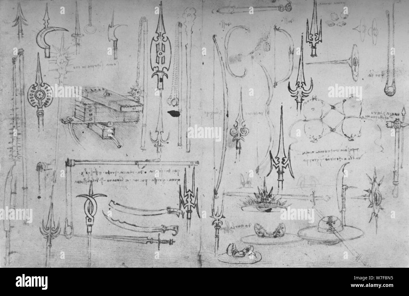 "Verschiedene Waffen der Straftat und Verteidigung", c1480 (1945). Künstler: Leonardo da Vinci. Stockfoto