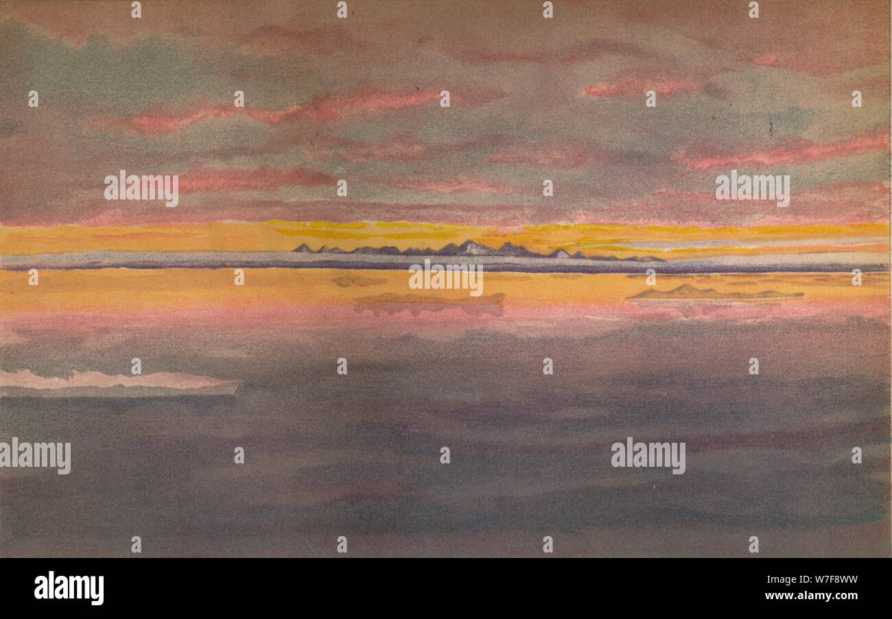 "Sonnenuntergang vor der Nordküste von Asien, nördlich der Mündung des Chatanga, 1893 (1897). Künstler: Fridtjof Nansen. Stockfoto