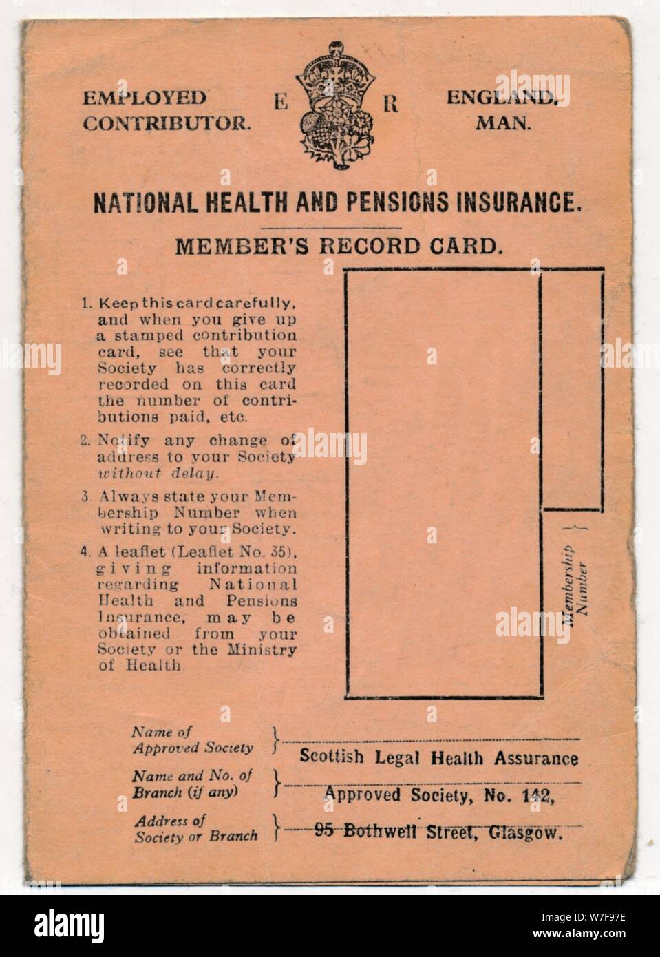 "National Health und Renten Versicherungskarte: Rekord Membercard", c1930s. Künstler: unbekannt. Stockfoto "National Health und Renten Versicherungskarte: Rekord Membercard", c1930s. Künstler: unbekannt. Stockfoto