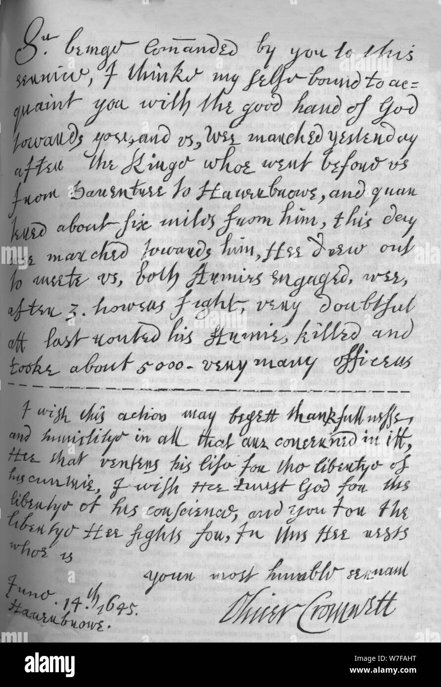 "Fac Simile des Briefes von Cromwell zu Lenthall, kündigt Sieg von Naseby", 1649, (1845).  Künstler: Oliver Cromwell. Stockfoto