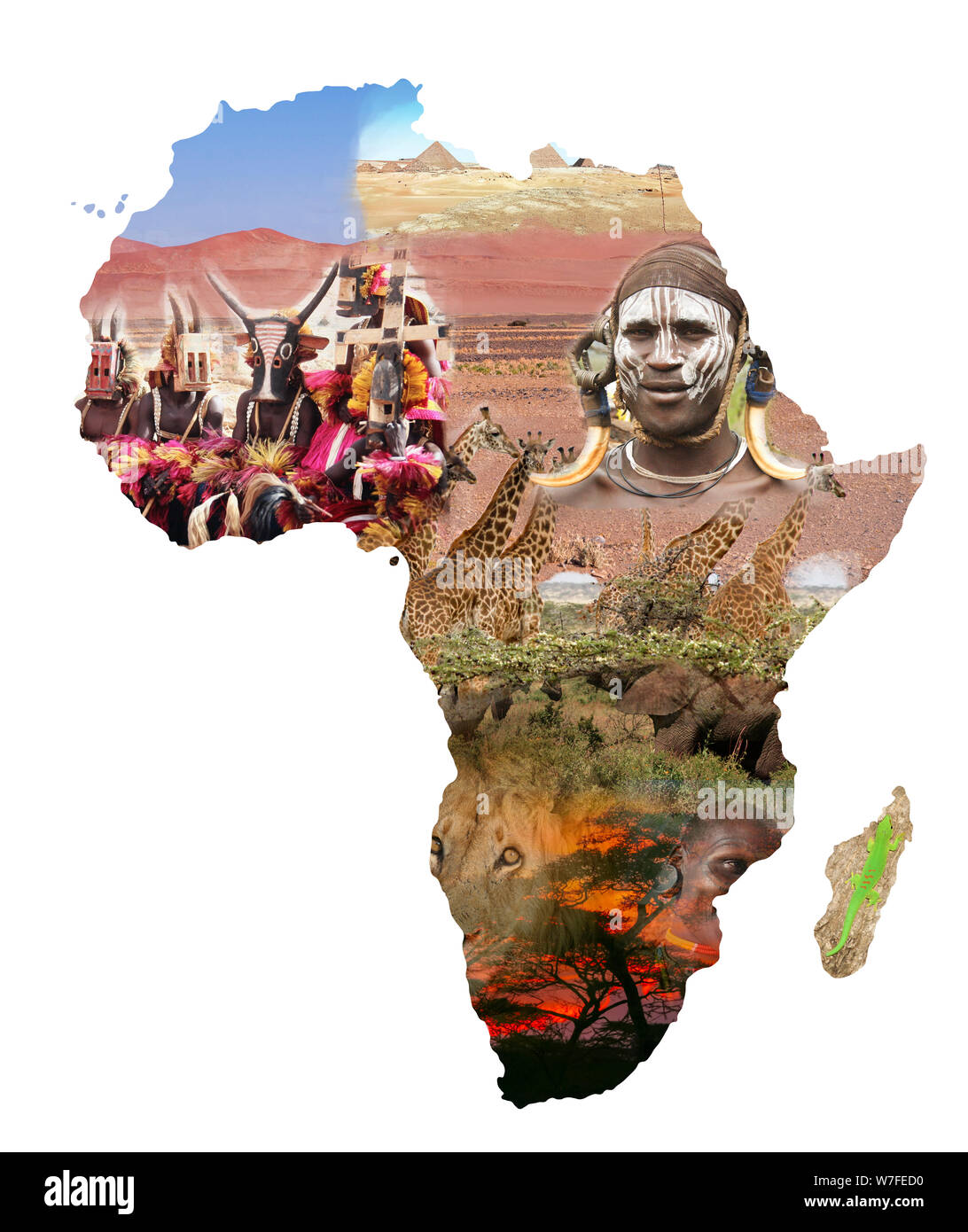 Digital verbesserte Bild eines Afrika Karte Collage mit lokalen Bilder von Menschen, Natur und Landschaft Stockfoto