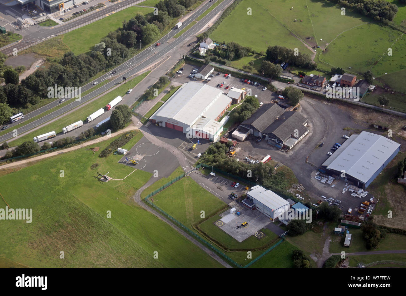 Luftaufnahme der Stadt Heliport am Barton, Manchester City Flughafen, Großbritannien Stockfoto