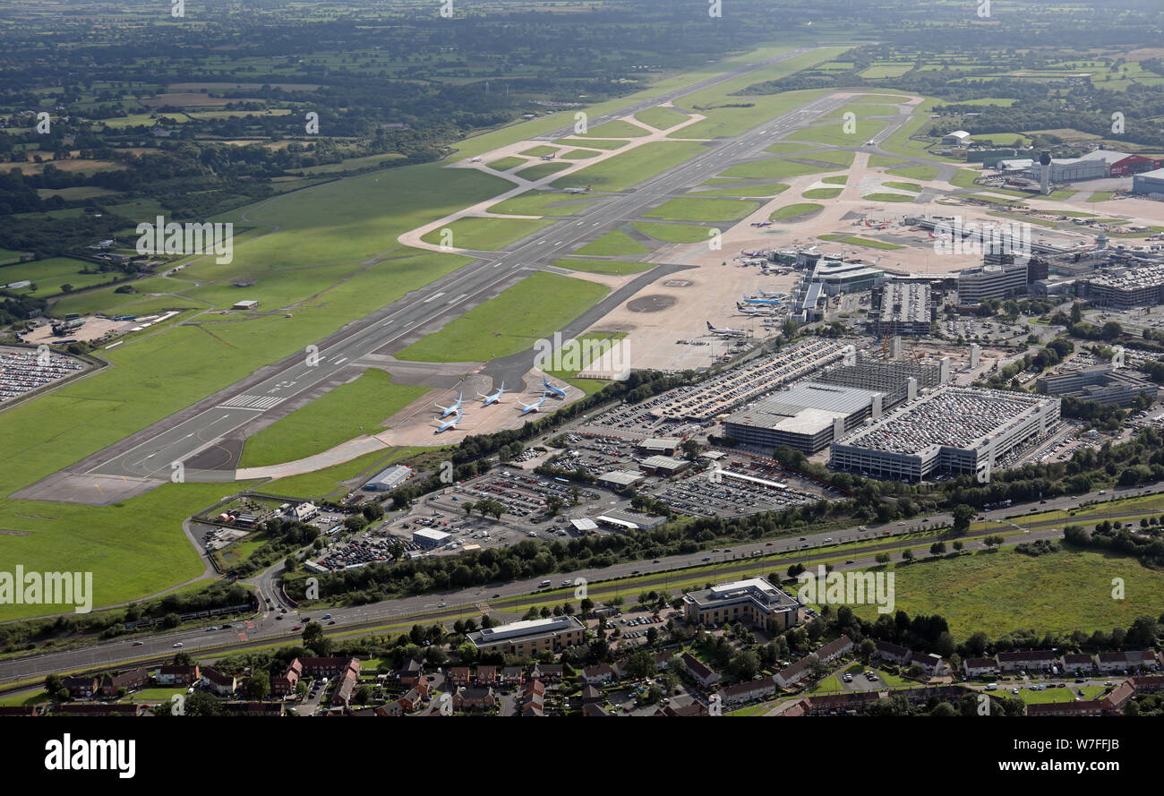 Luftaufnahme von Manchester International Airport, August 2019 Stockfoto