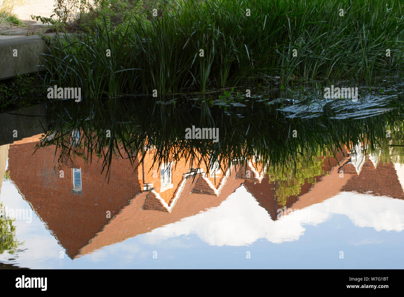 Reflexionen der Häuser in der Dorset Stour Fluss in Gillingham North Dorset England UK GB Stockfoto