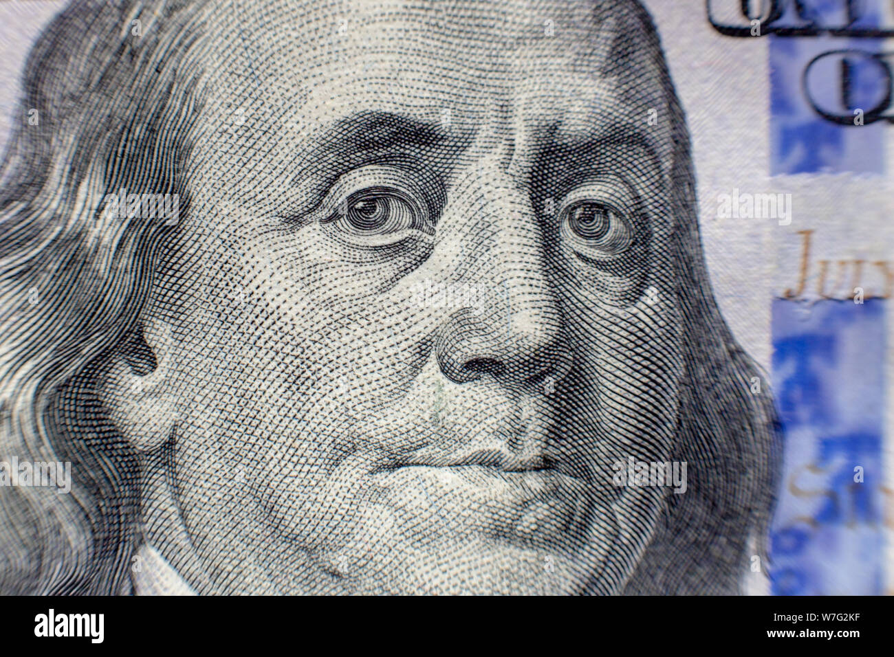 Benjamin Franklin Gesicht auf uns hundert Dollar bill Makro isoliert, United States geld Nahaufnahme. Stockfoto