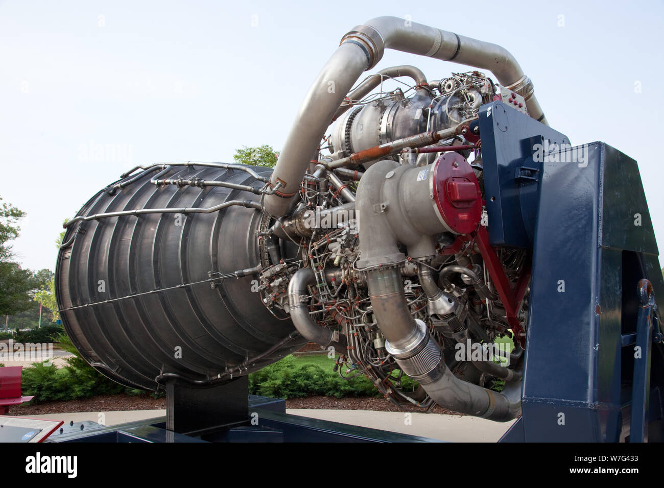 Eine Ausstellung des F-1 Motor in der Space Shuttle am Marshall Space Flight Center an der Redstone Arsenal, Huntsville, Alabama verwendet Stockfoto