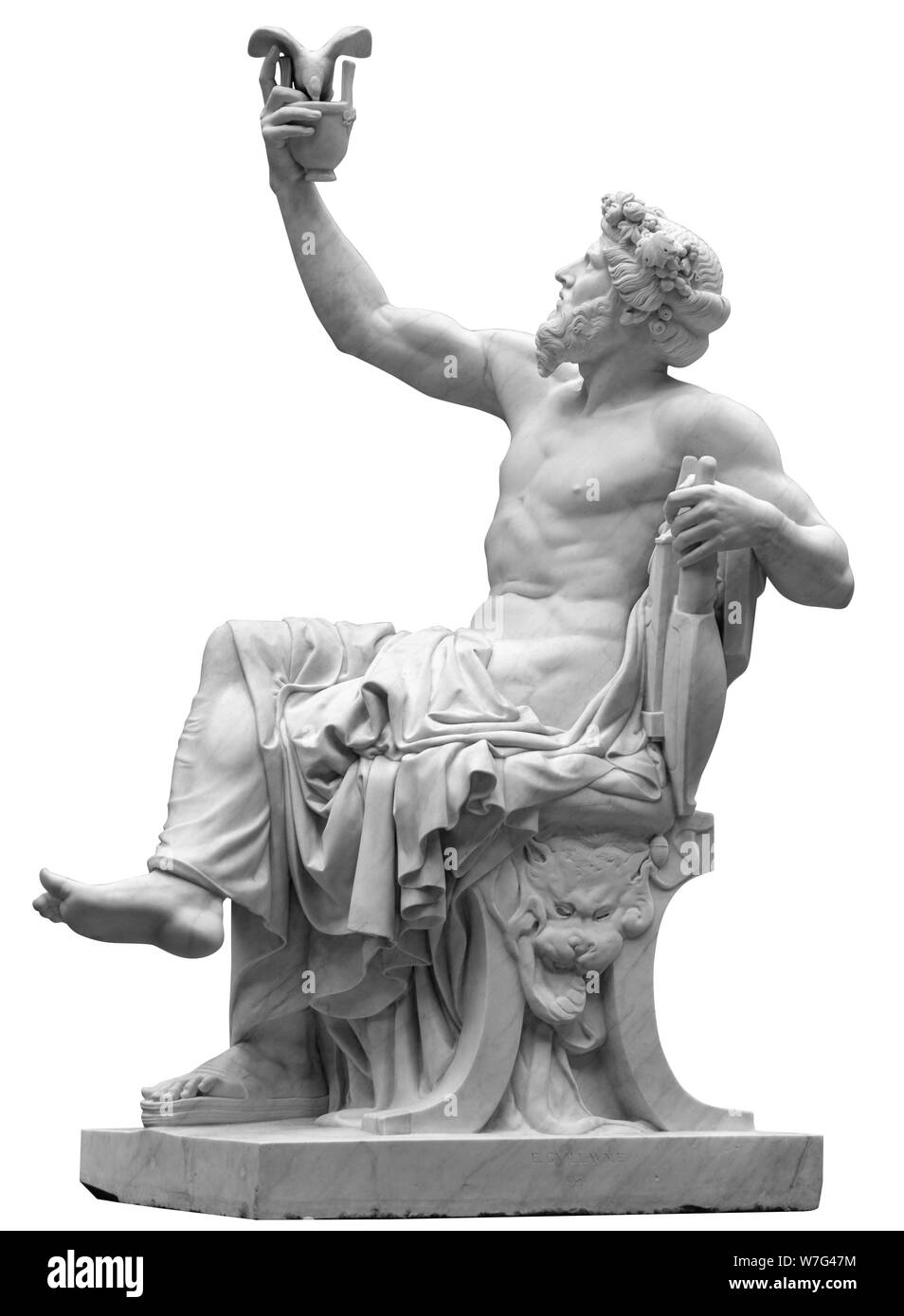 Statue des Dionysos oder Bacchus mit Trauben isoliert auf Weiss. Stockfoto