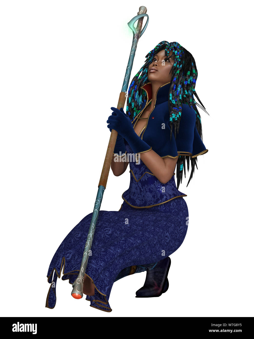 Schwarze weibliche Zauberin mit Magic Personal - kniend Stockfoto