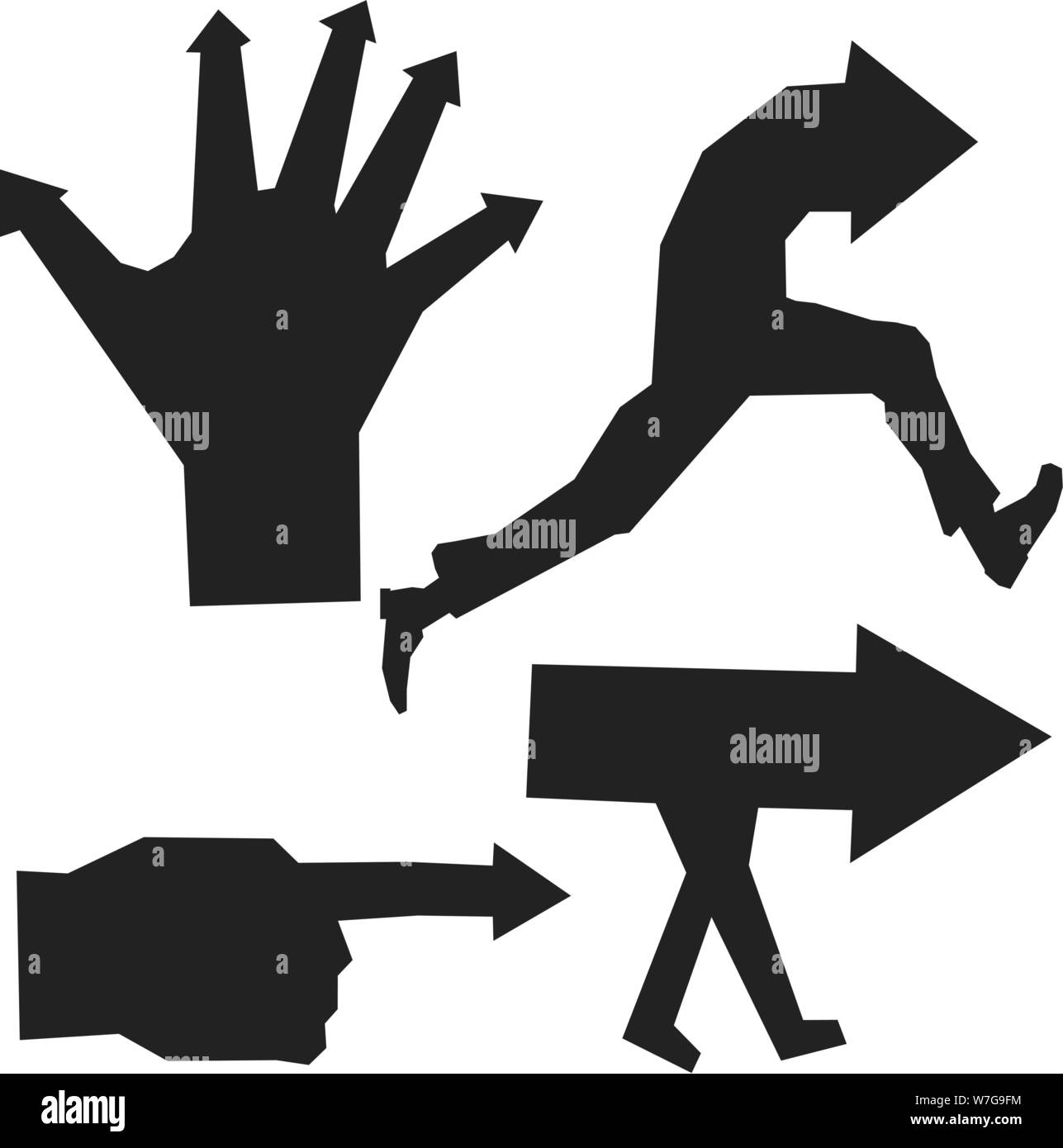 Vector Illustration. Pfeil schwarze Silhouette in der Hand, laufender Mann oder zu Fuß. Stock Vektor