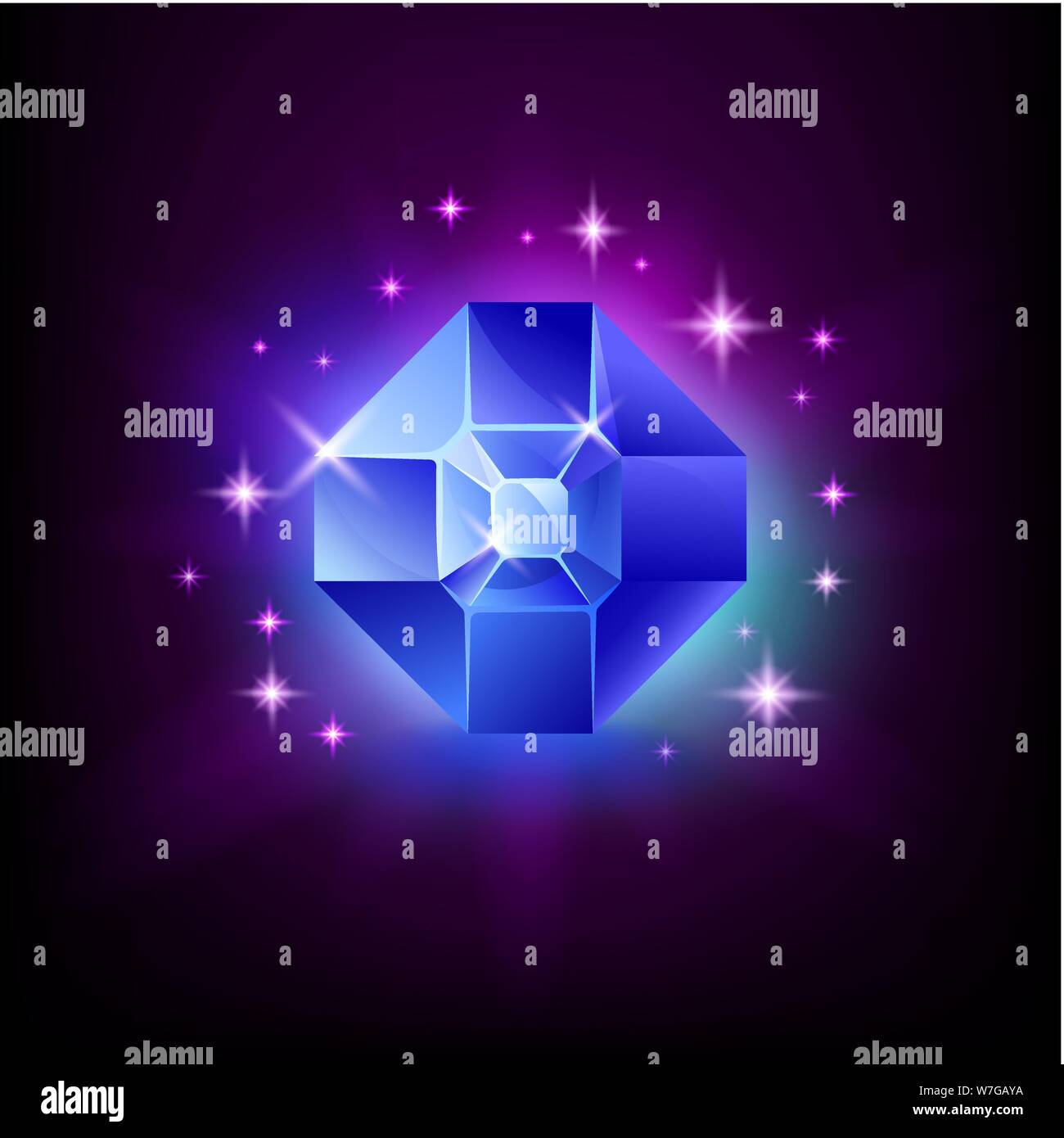 Runde blaue Smaragd glänzend Edelstein mit magischen Leuchten und Sterne auf dunklem Hintergrund Vector Illustration. Stock Vektor