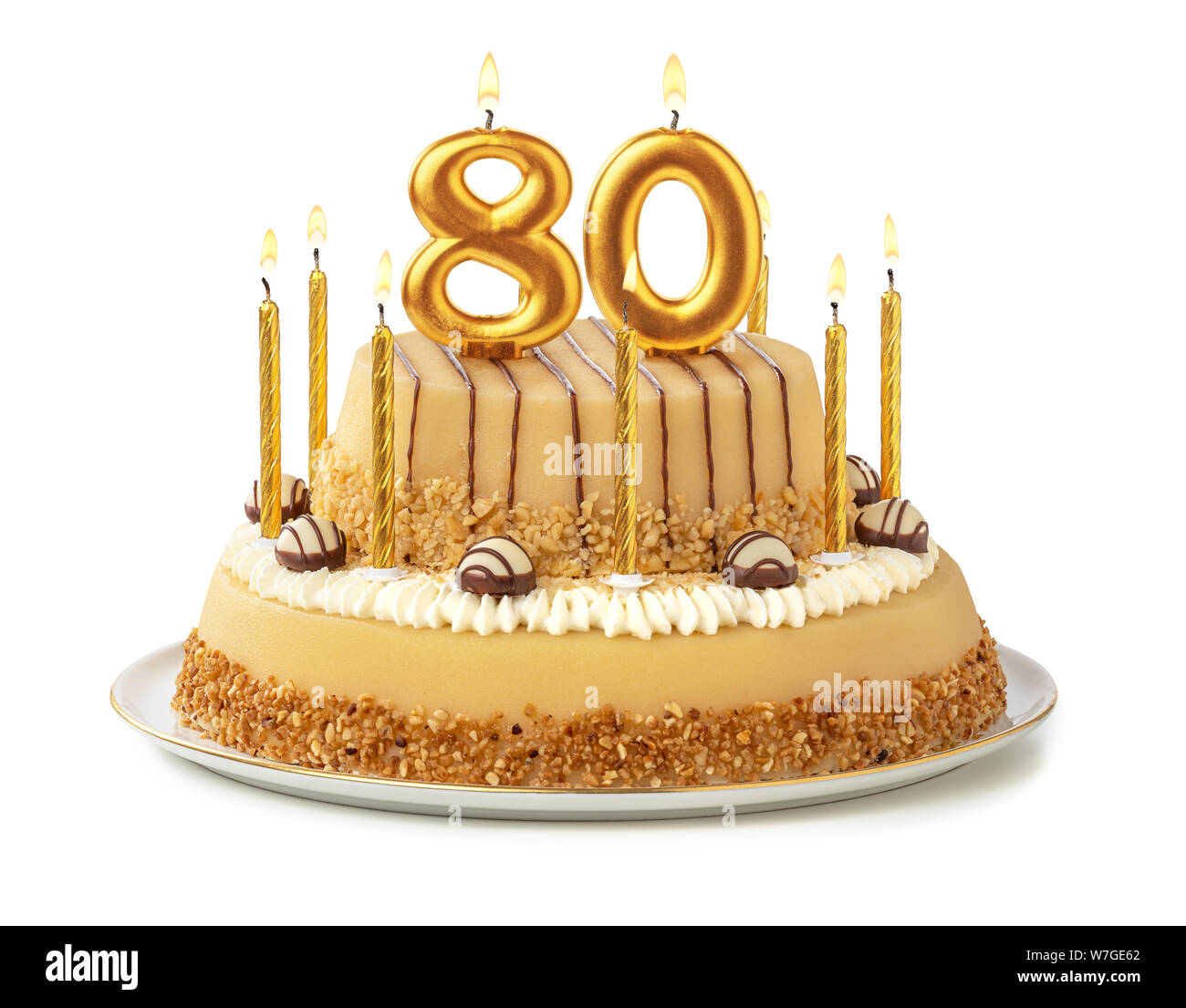 Festliche Kuchen mit goldenen Kerzen - Nummer 80 Stockfoto