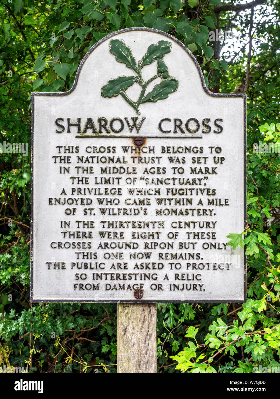 NT-Zeichen an sharow Kreuz markiert die Grenze des Heiligtums eine Meile von Ripon Cathedral in der Nähe von Bedale Sharow Yorkshire England Stockfoto