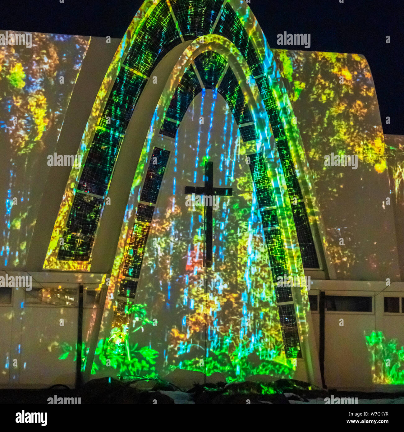 Die Kopovogur Kirche, Winter Lights Festival, Island Stockfoto
