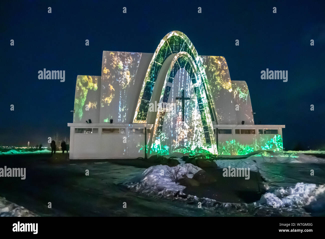 Die Kopovogur Kirche, Winter Lights Festival, Island Stockfoto