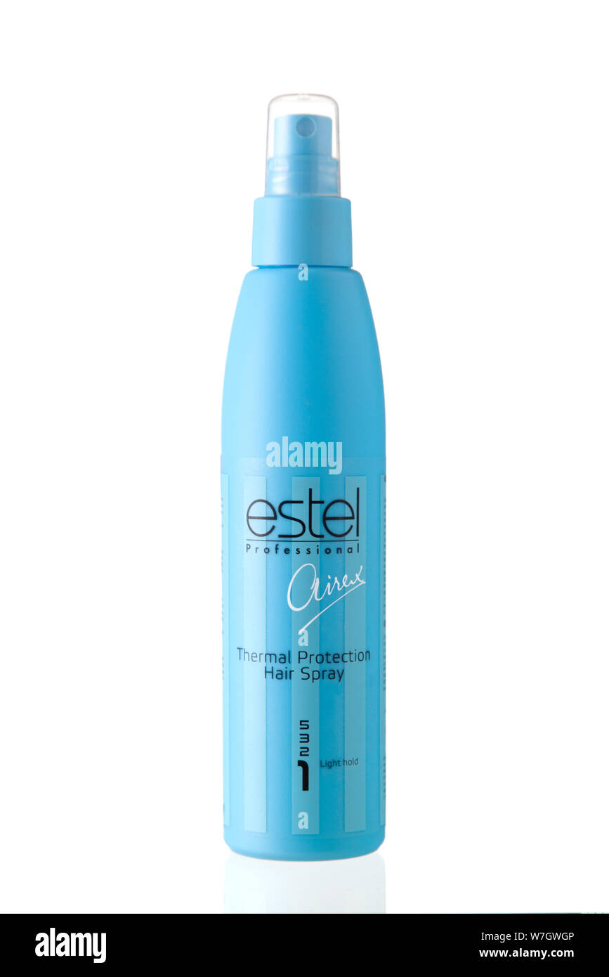 Flasche ESTEL Professional Airex - Thermischer Schutz Haarspray, Licht halten, auf weißem Hintergrund. Stockfoto