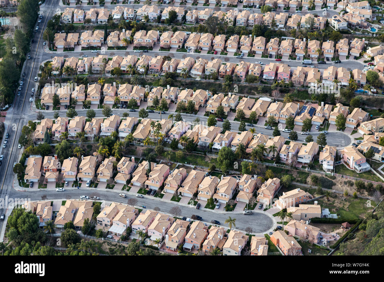 Luftaufnahme von suburban Stevenson Ranch Wohnungen und Cul-de-sac Straßen in Los Angeles County, Kalifornien. Stockfoto