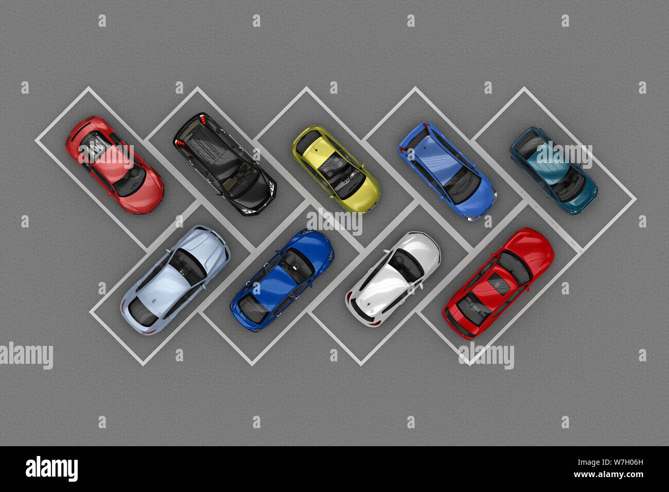 Die meisten kompakten Markup parken Autos Ansicht von oben. 3D-Rendering Stockfoto