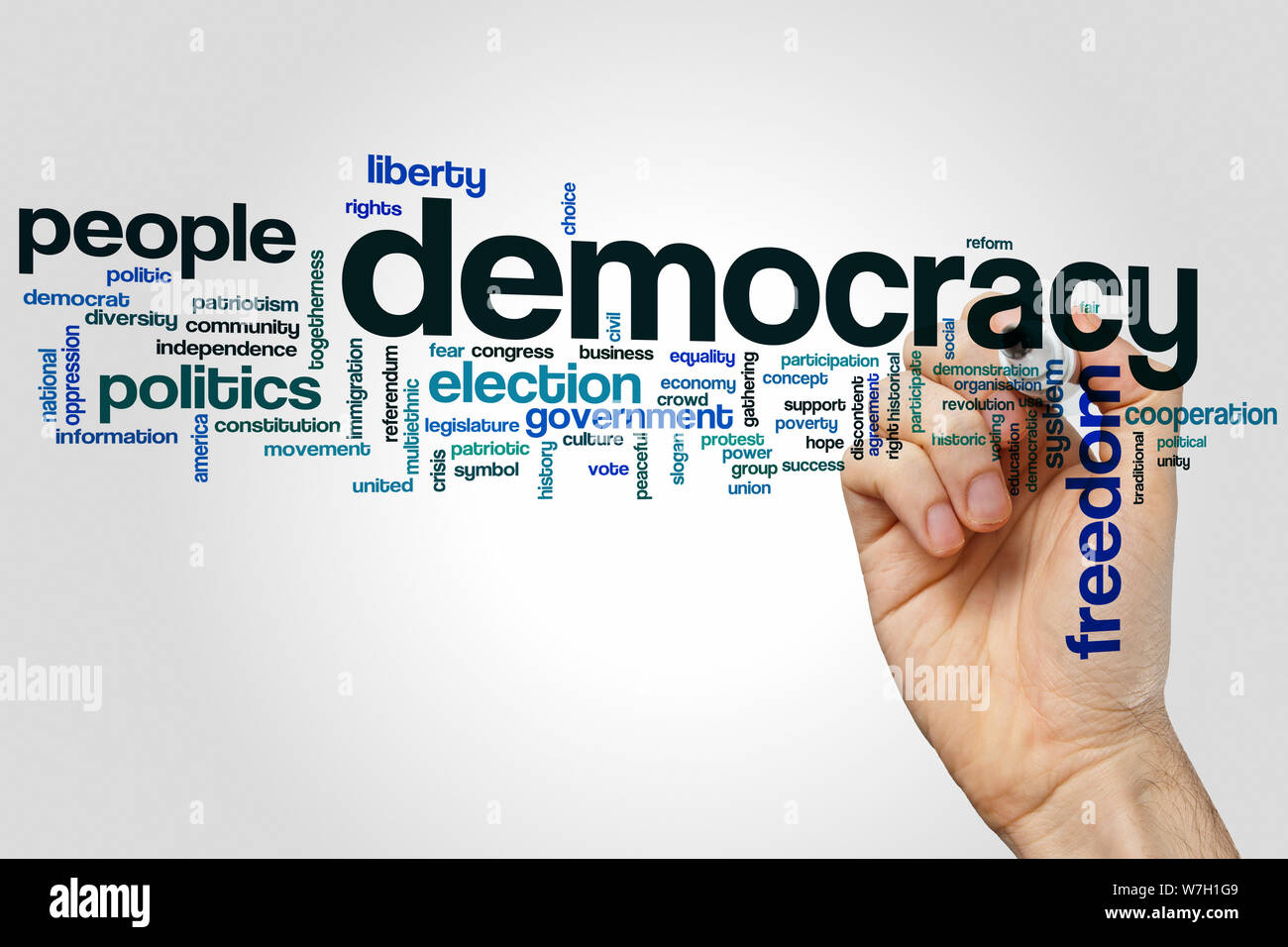 Demokratie-Konzept Word Cloud-Hintergrund Stockfoto