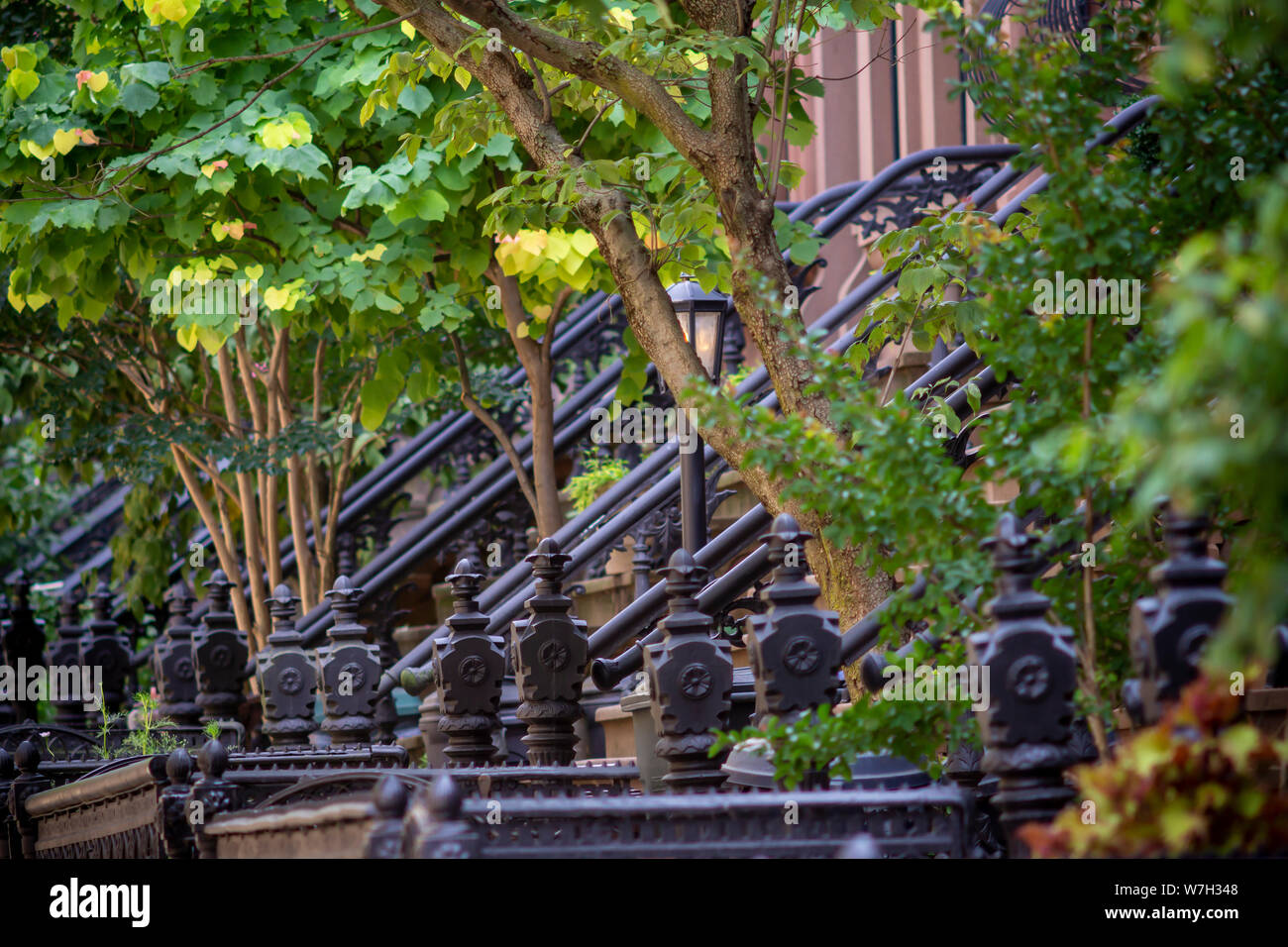 Reihe von backsteingebäuden in der familienfreundlichen, trendigen Stadtteil Park Slope in Brooklyn in New York am Sonntag, 28. Juli 2019. (© Richard B. Levine) Stockfoto