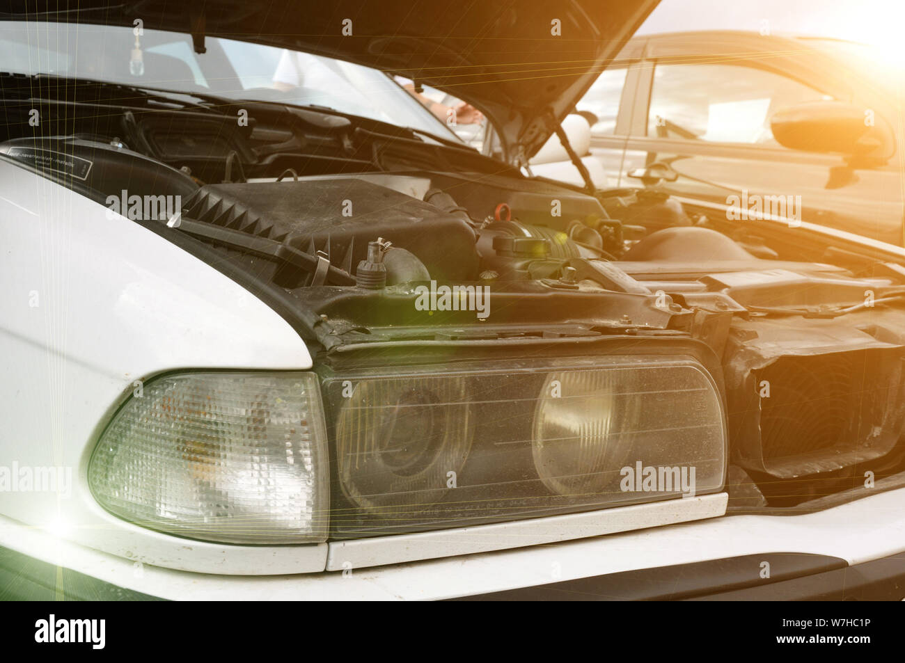 Auto Motorhaube öffnen. Kontrolle des Zustands des Motors, ein elektronisches System zu dem Schaden sorgfältig prüfen, um die Reparatur des Motors und seine Stockfoto