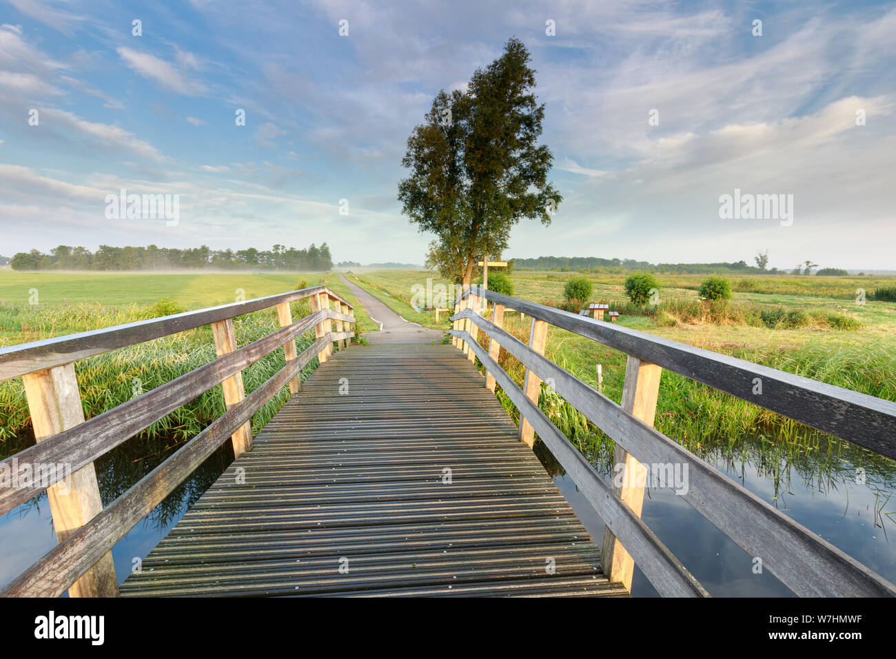 Brücke über den Fluss am Morgen auf dem Land im Sommer Stockfoto