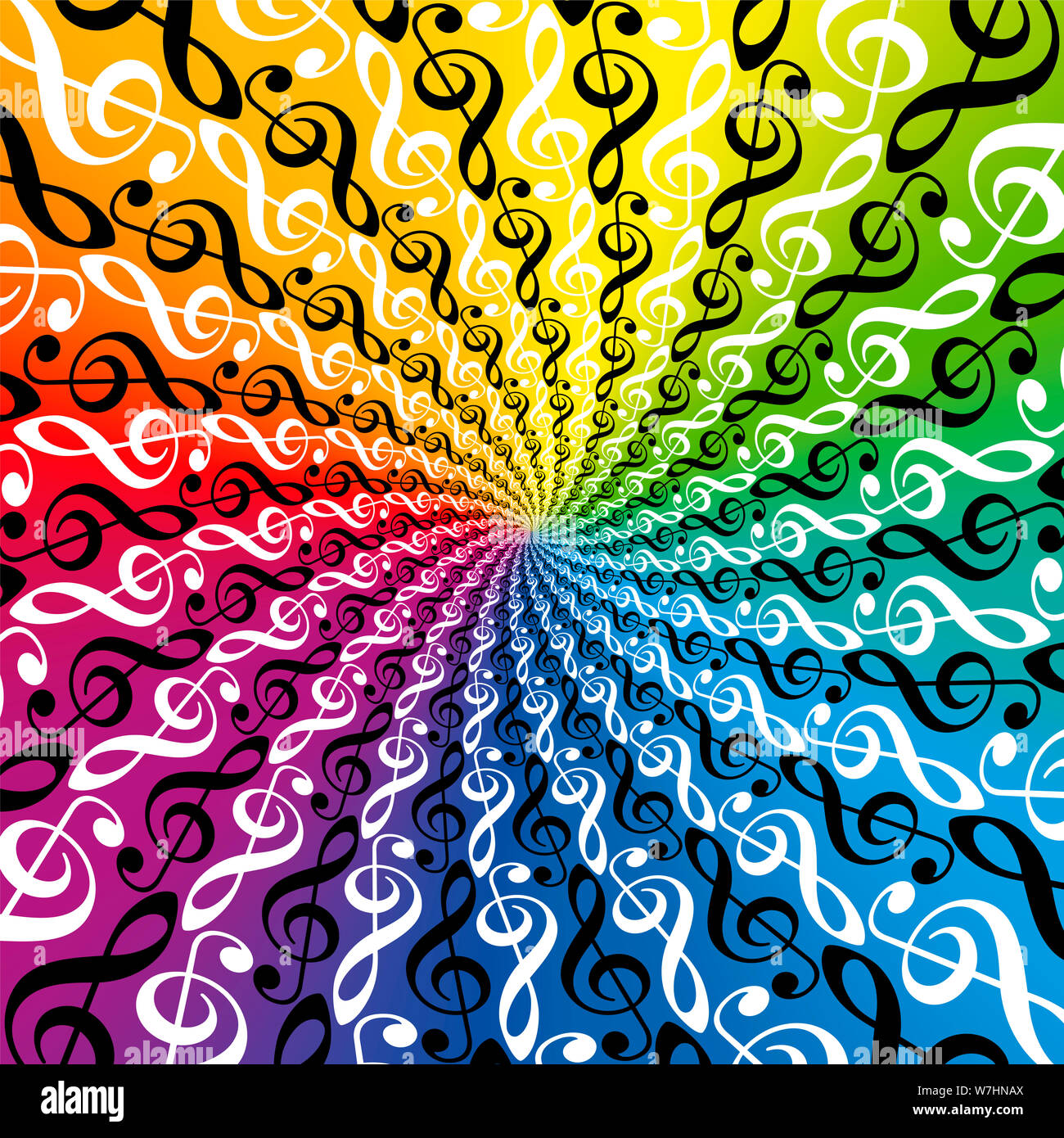 Treble clefs Regenbogenfarbenen radial. Bunte musikalische Spirale Muster, bunten und lebendigen Tunnel. Twisted Rundschreiben Fractal-hintergrund. Stockfoto