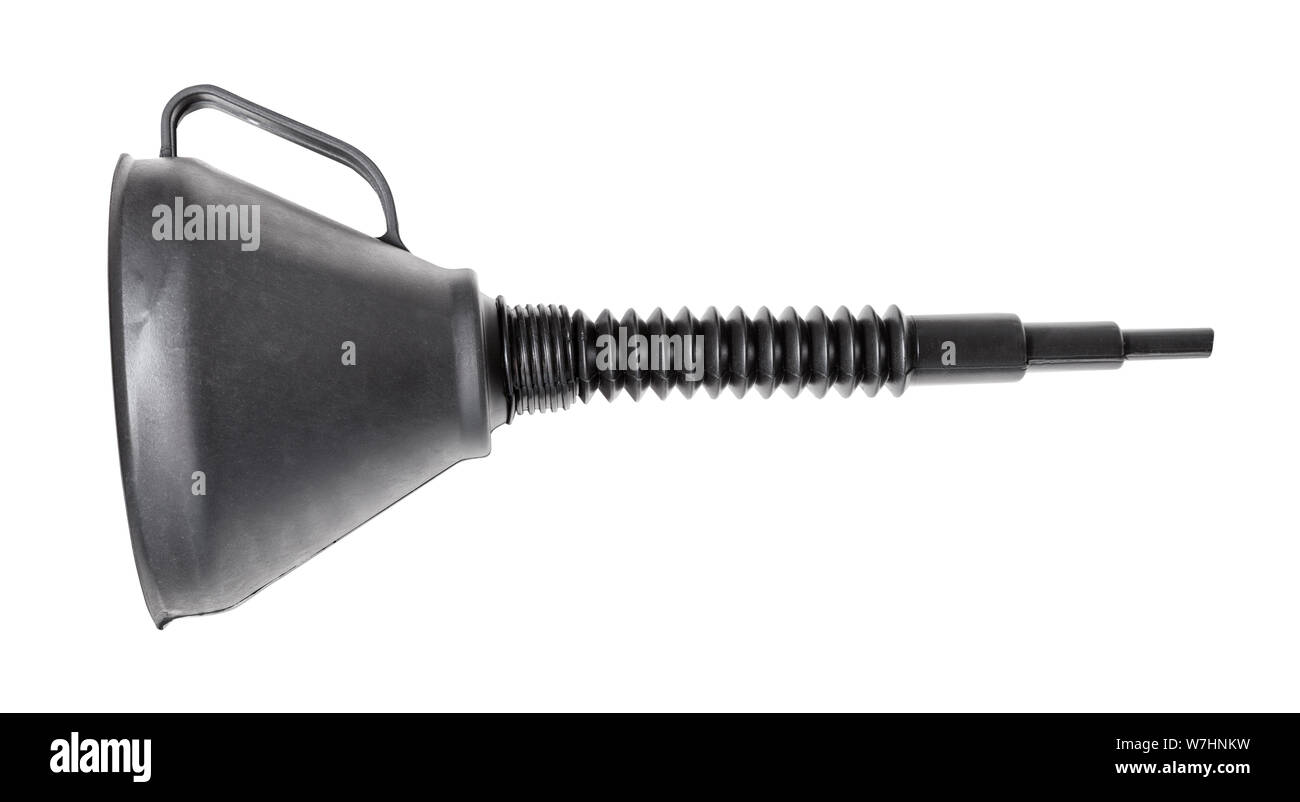 Seitenansicht des breiten, schwarzen Kunststoff Trichter mit Griff und flexible Auswurfkrümmer auf weißem Hintergrund Stockfoto