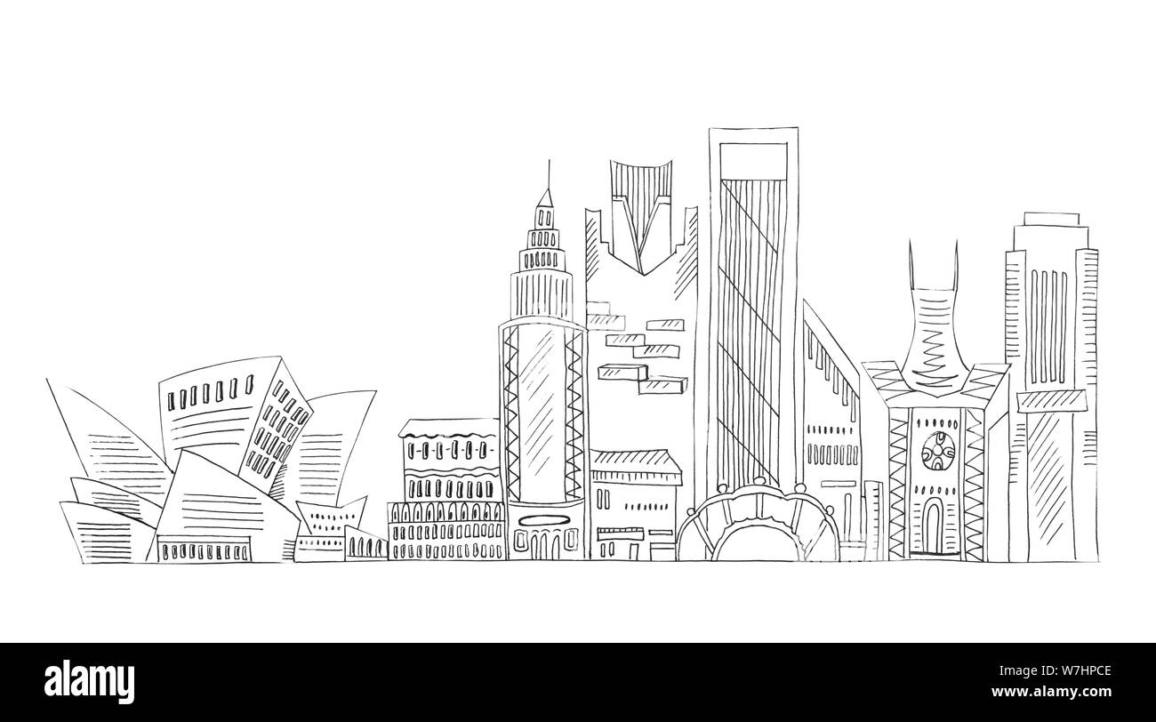 Abbildung: Skizze Zeichnung schwarze Kontur von Skyline Städte isoliert auf einem weißen Hintergrund. Stockfoto