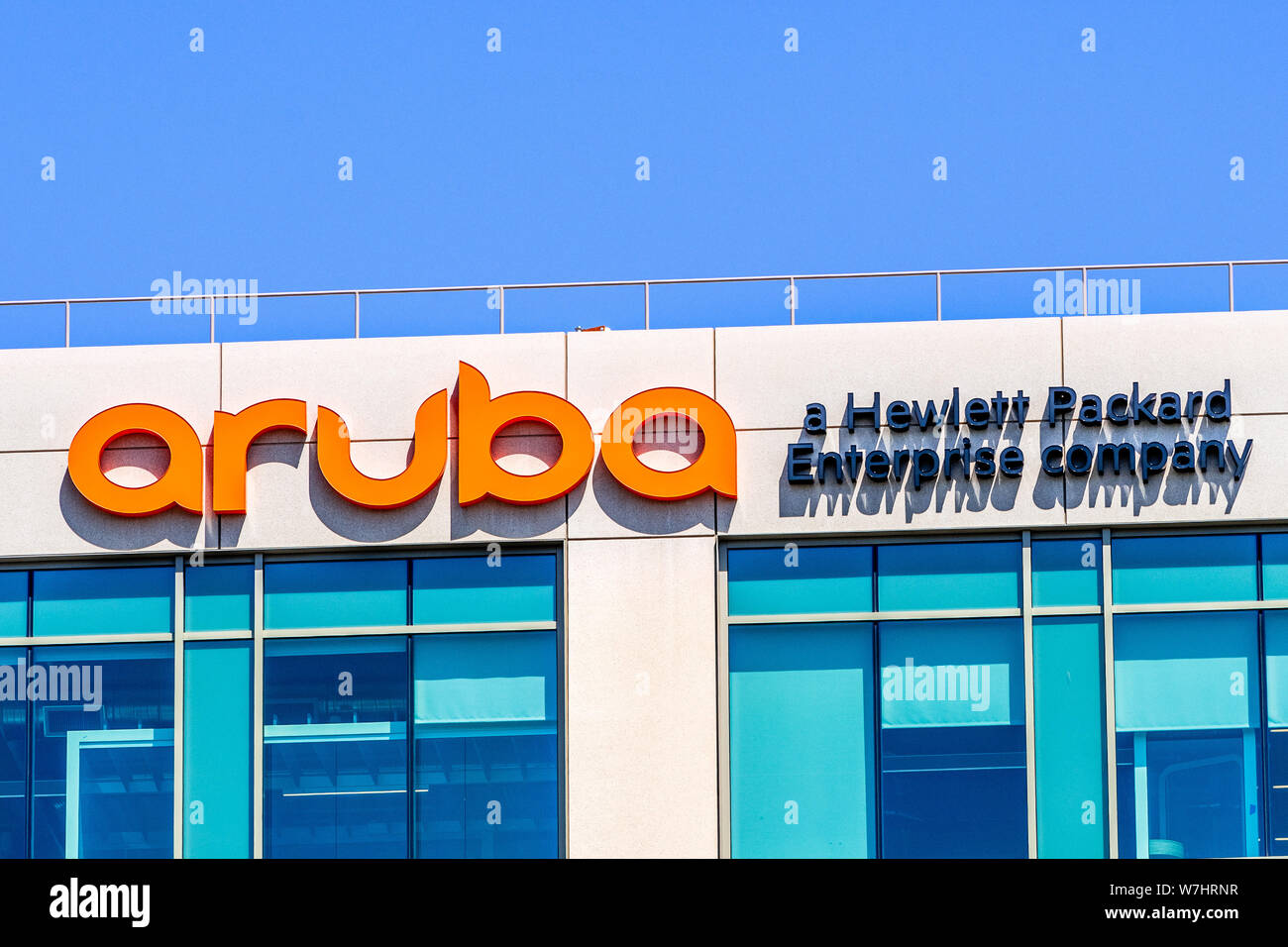 Juli 29, 2019 Santa Clara/CA/USA - Aruba Networks Hauptsitz im Silicon Valley; Aruba ist ein in Santa Clara, Kalifornien-basierte drahtlose Netzwerke sub Stockfoto