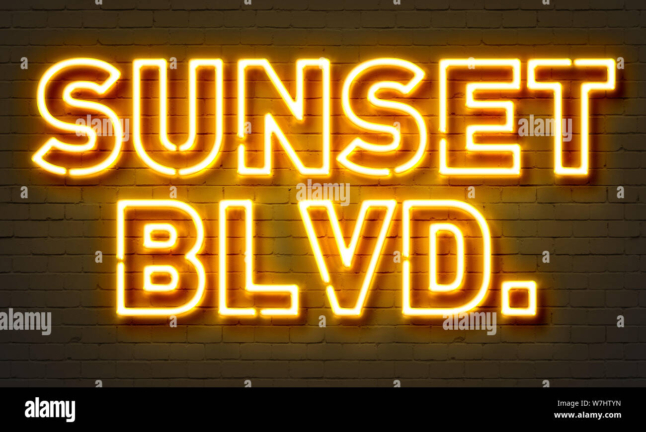 Sunset Blvd Leuchtreklame auf Mauer Hintergrund Stockfoto
