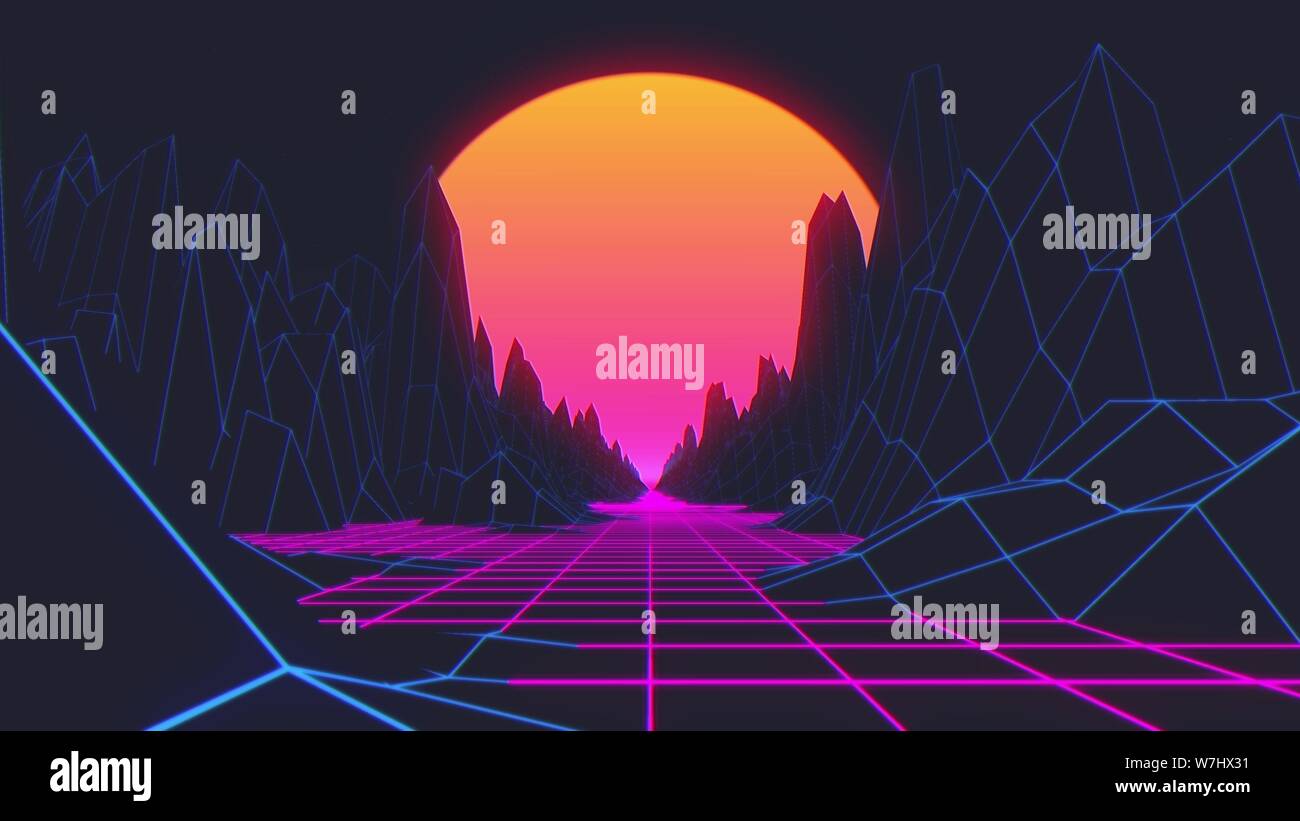 Retro-futuristischen Hintergrund im Stil der 80er. 3D-Darstellung. Stockfoto