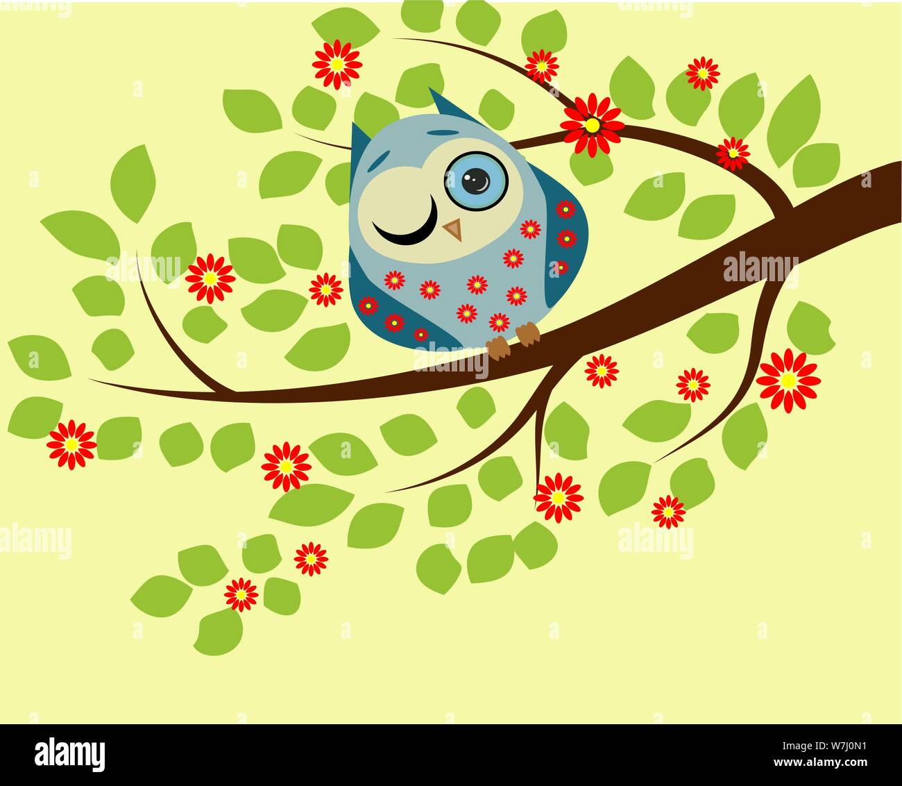 Peeping. Eine blaue Eule in roten Blüten mit einem geschlossenen und einem offenen Auge sitzt auf einem Ast eines blühenden Baum Stock Vektor