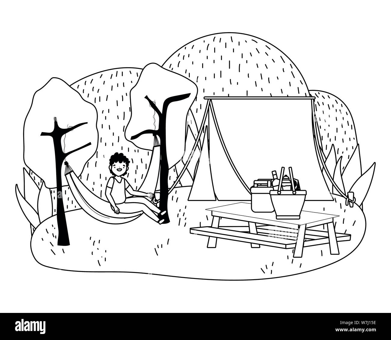 Zelt und man Cartoon Design, Camping Wald Abenteuer lifestyle Sommer reisen und outdoor Thema Vector Illustration Stock Vektor