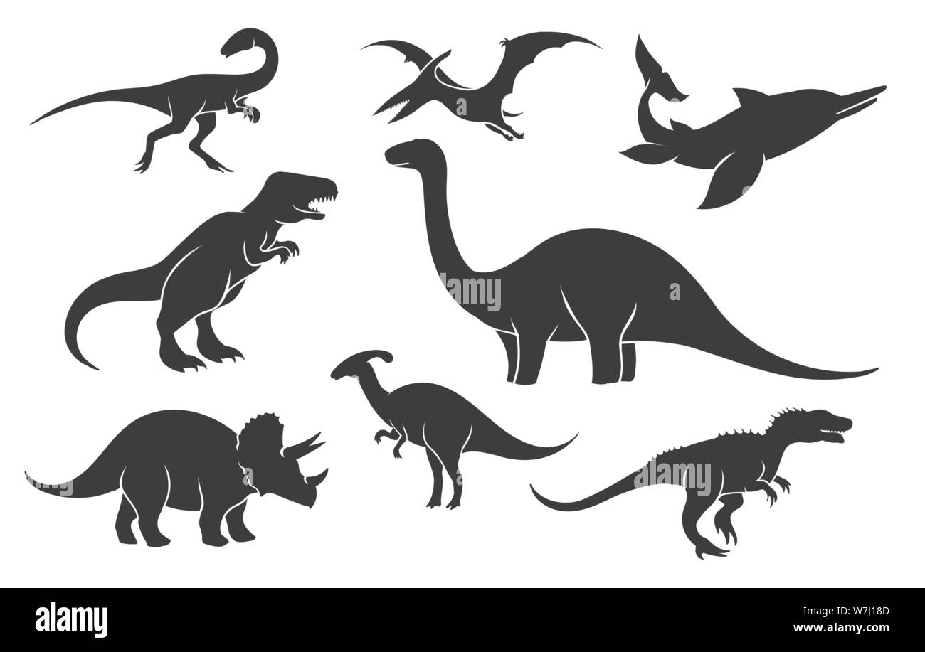 Dinoussaur Silhouette. Mesozoikum raptor Silhouetten, alte Rex pangolin Vector schwarz Abbildungen Stock Vektor