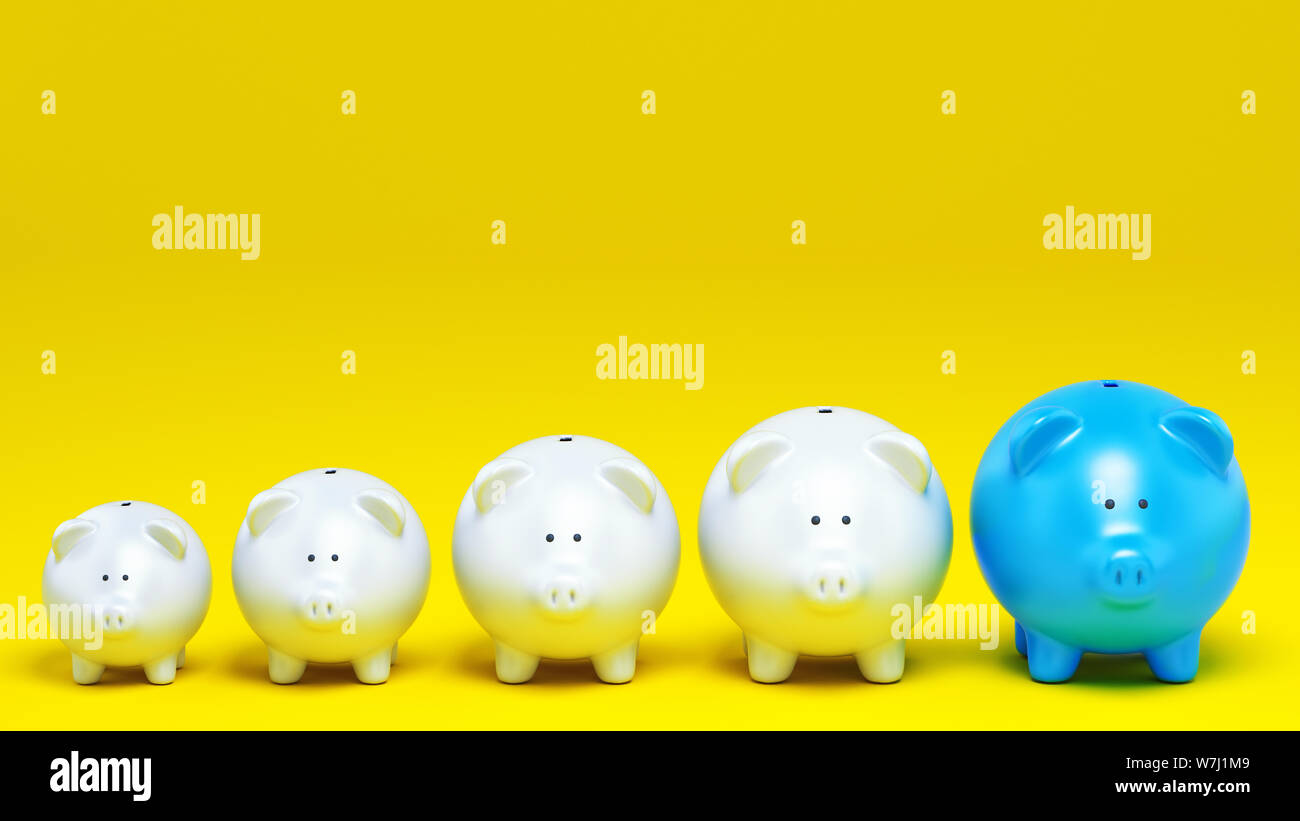 Wirtschaftliche Konzept der höhere Einsparungen mit einer Reihe von spardosen auf gelben Hintergrund. 3D-Rendering Stockfoto
