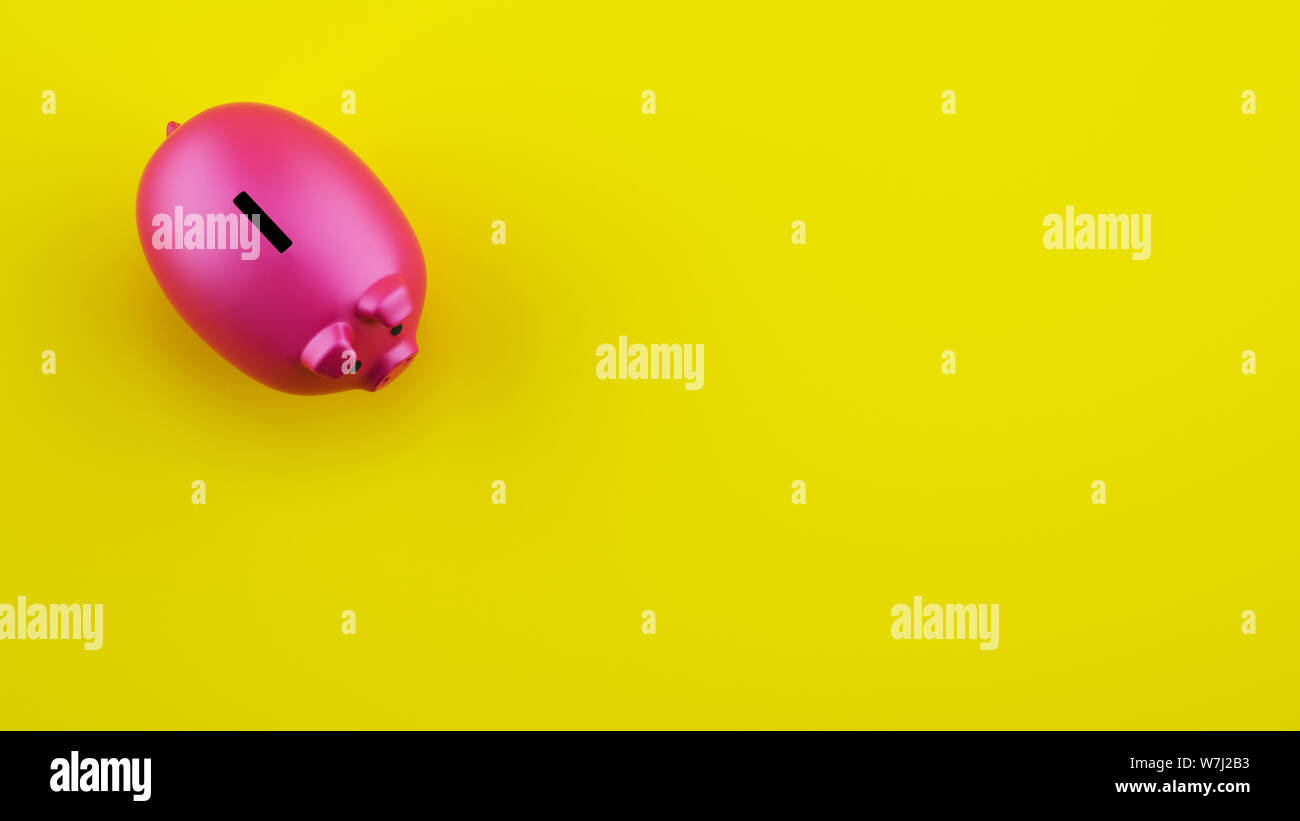Rosa Sparschwein auf gelben Hintergrund. 3D-Rendering Stockfoto