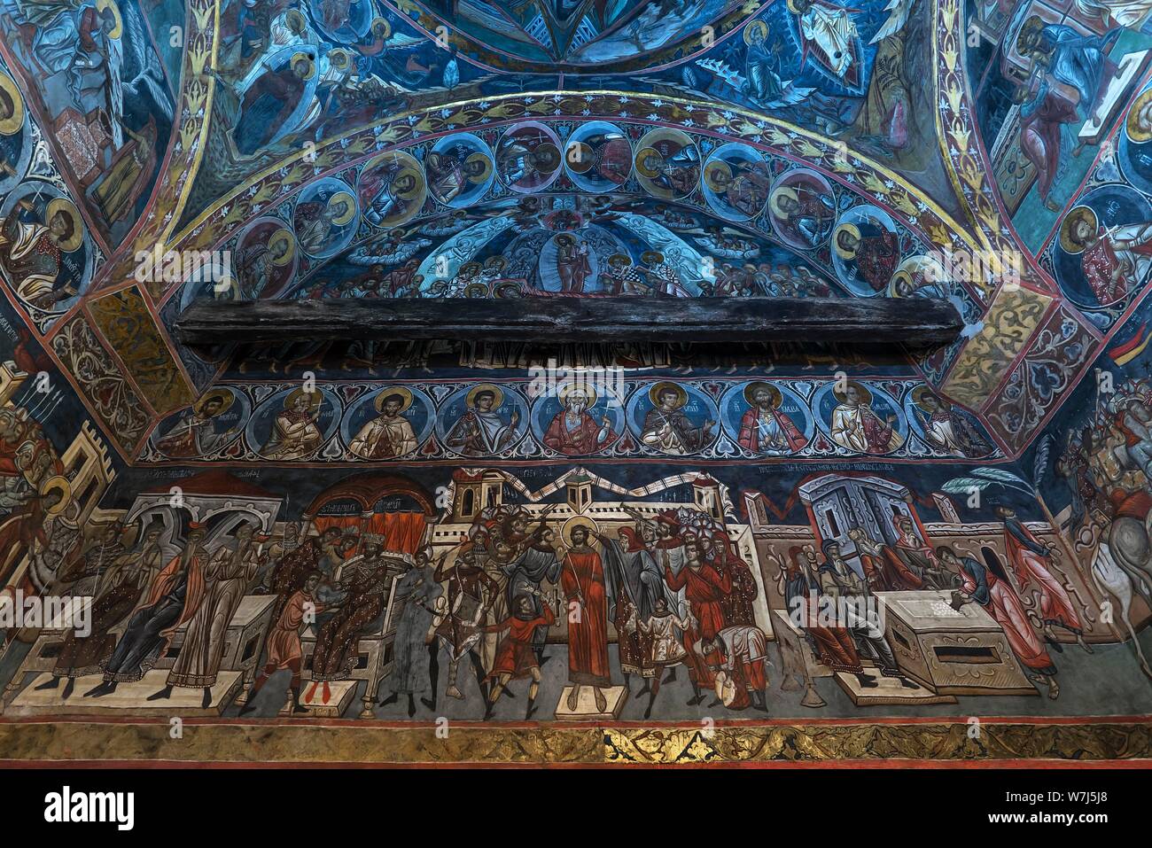 Wand Fresken im Inneren des Kloster Humor, Rumänisch-orthodoxen Kloster, 1530, Gura Humorului, Rumänien Stockfoto