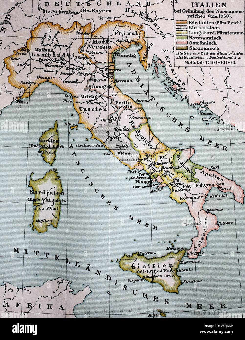 Karte von Italien auf der Grundlage des normannischen Reiches um 1050, historische Darstellung 